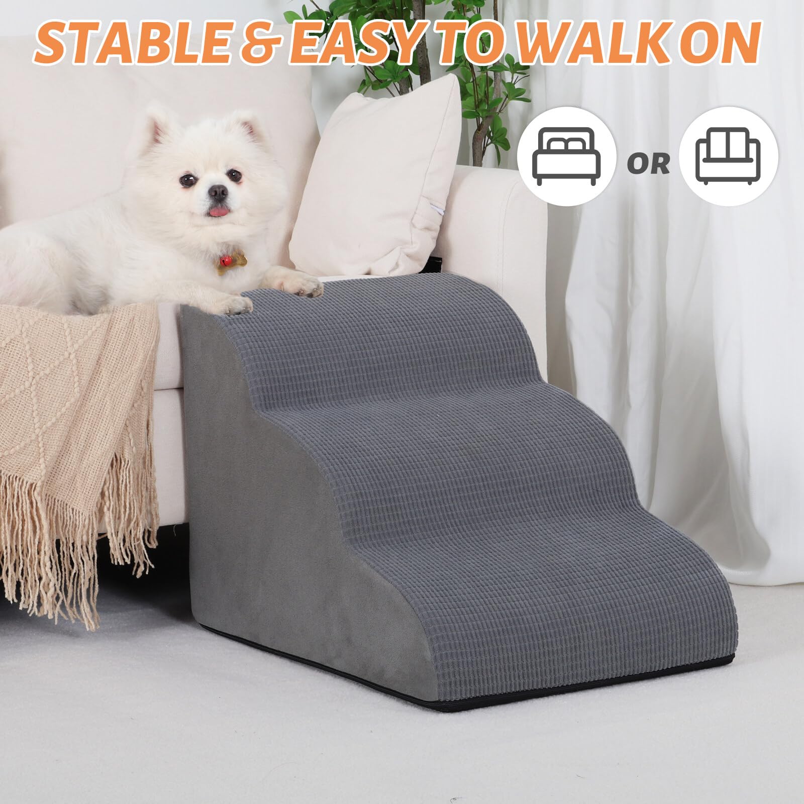 Aodisman 3-Step Dog Ramp and Stairs for Sofa (Grey, 15.7" H) – Non-Slip Pet Steps