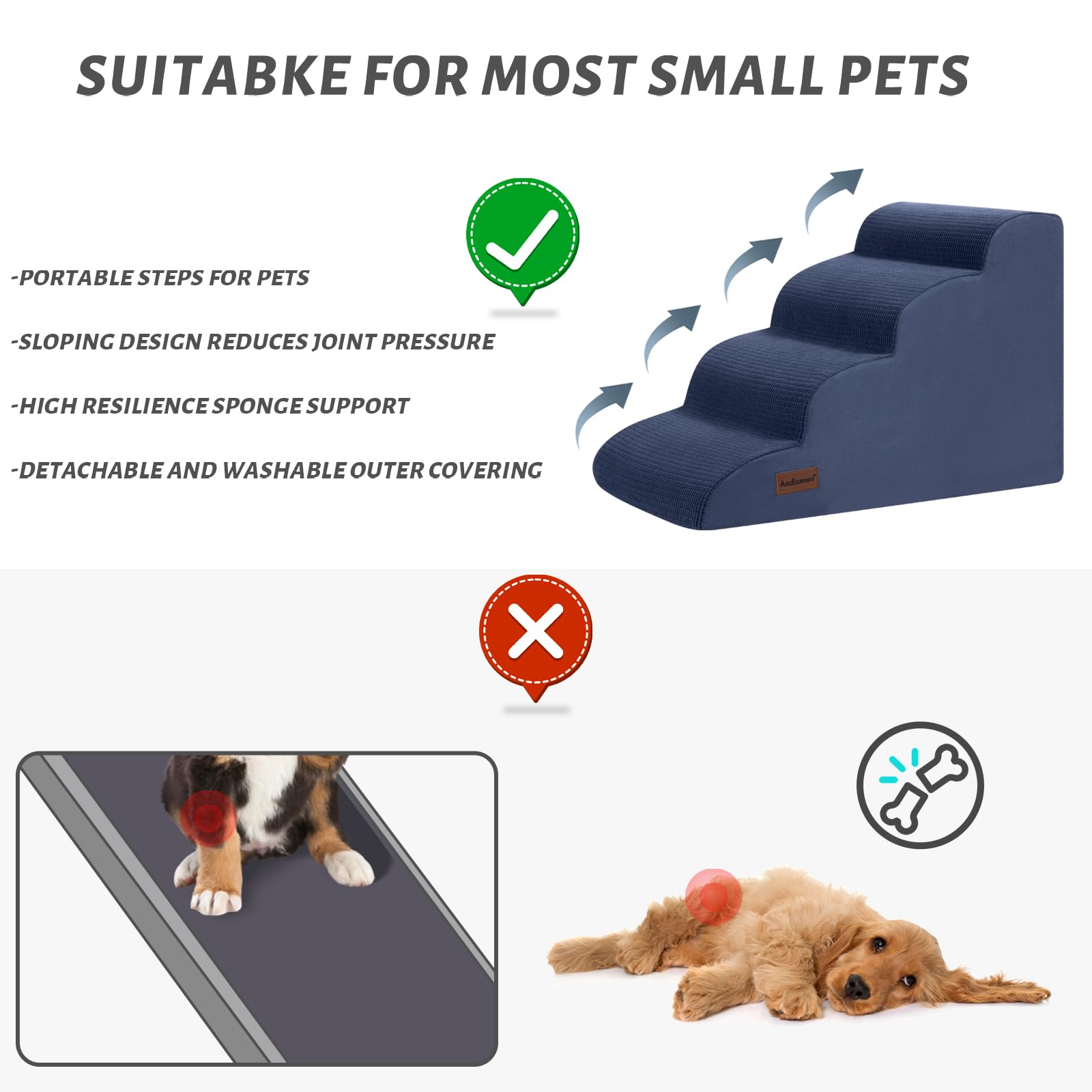 Aodisman 4-Step Dog Stairs and Ramp for Beds or Couches – Non-Slip, 17.4 in Blue