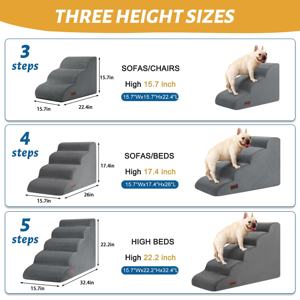 Aodisman 3-Step Dog Ramp and Stairs for Sofa (Grey, 15.7" H) – Non-Slip Pet Steps