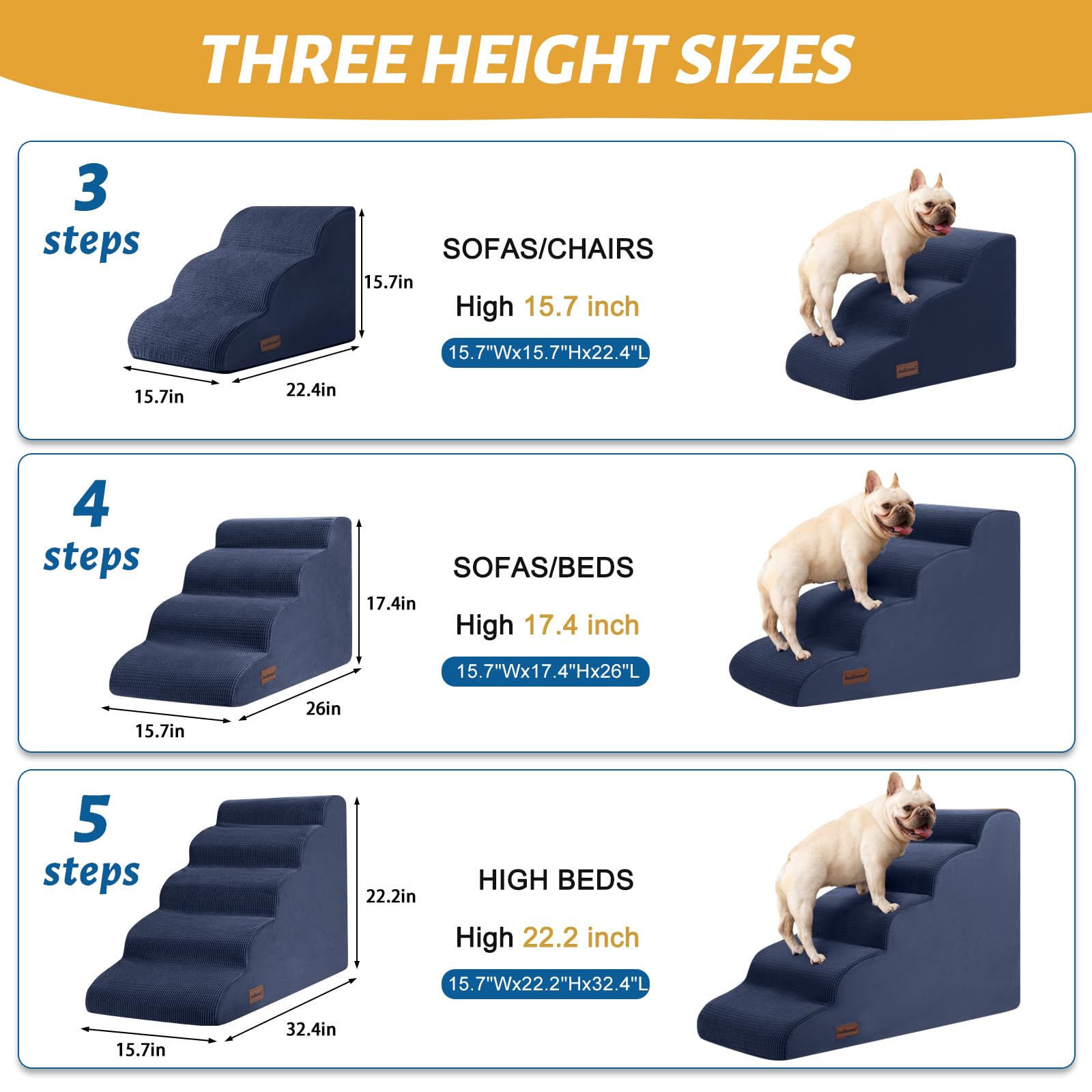Aodisman 4-Step Dog Stairs and Ramp for Beds or Couches – Non-Slip, 17.4 in Blue