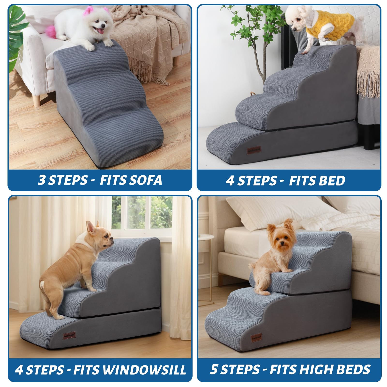 Aodisman 4-Step Dog Stairs & Ramp for Beds or Couches – 21" Grey Non-Slip Pet Steps