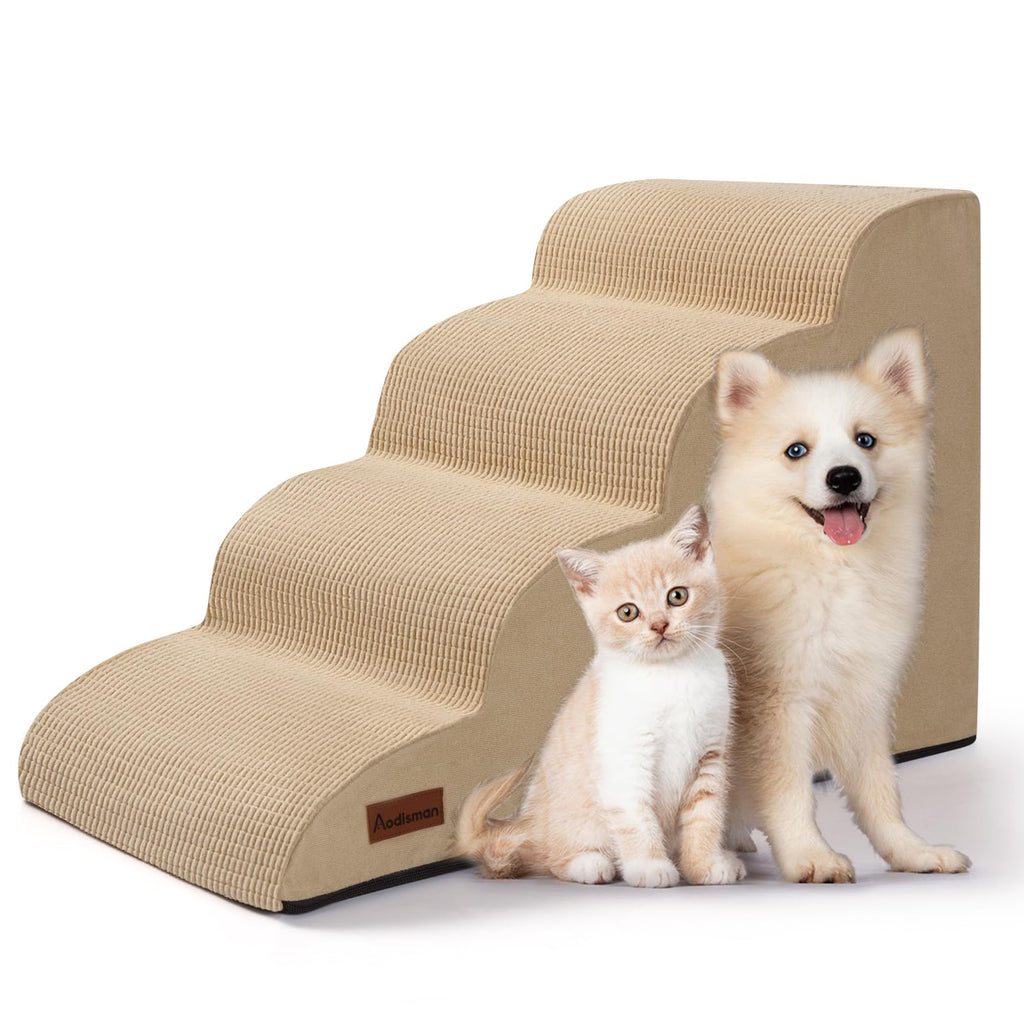 Aodisman 4-Step Dog Steps for Bed — Indoor Non-Slip Pet Stairs, 17.4 Inches, Khaki