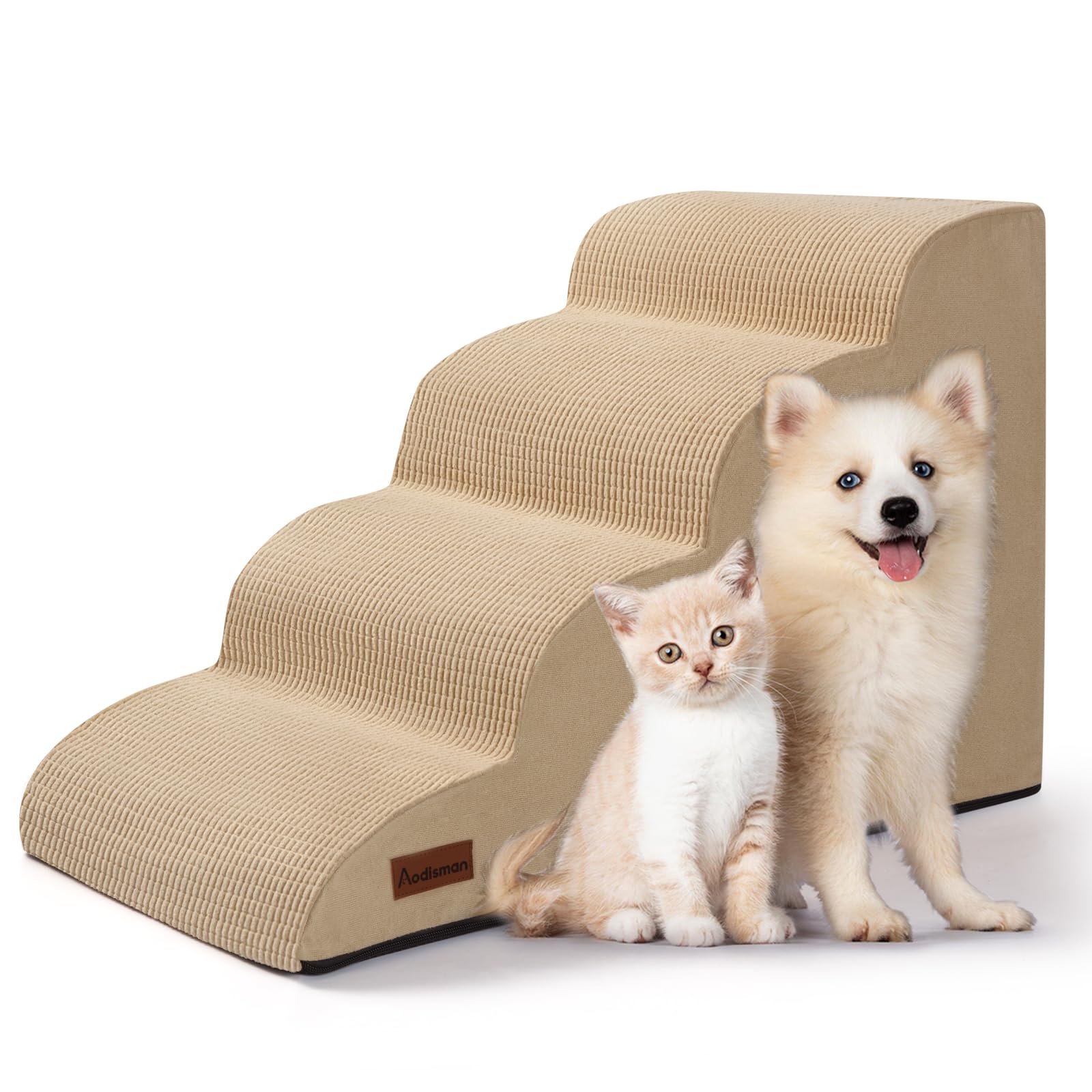 Aodisman 4-Step Dog Steps for Bed — Indoor Non-Slip Pet Stairs, 17.4 Inches, Khaki
