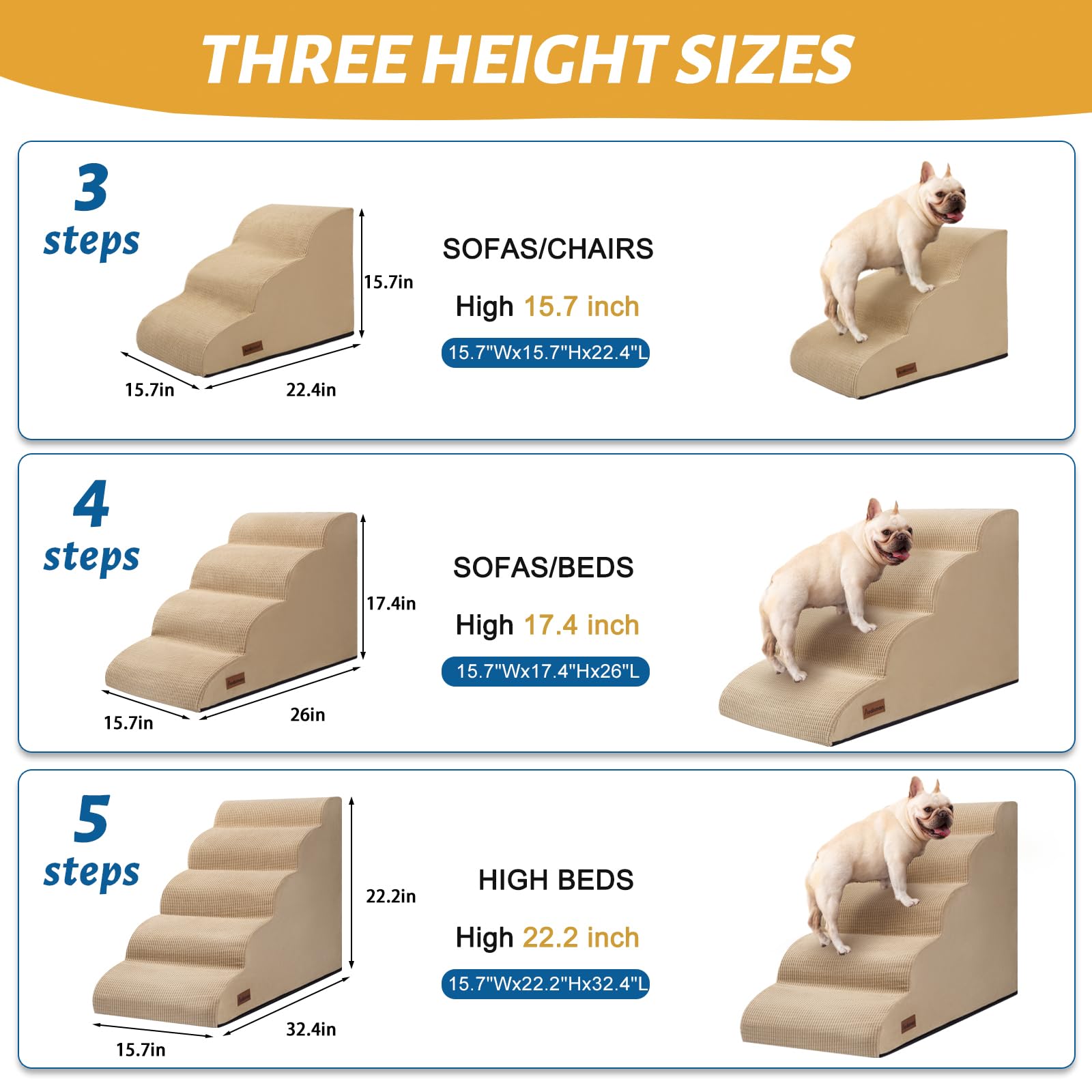 Aodisman 4-Step Dog Steps for Bed — Indoor Non-Slip Pet Stairs, 17.4 Inches, Khaki
