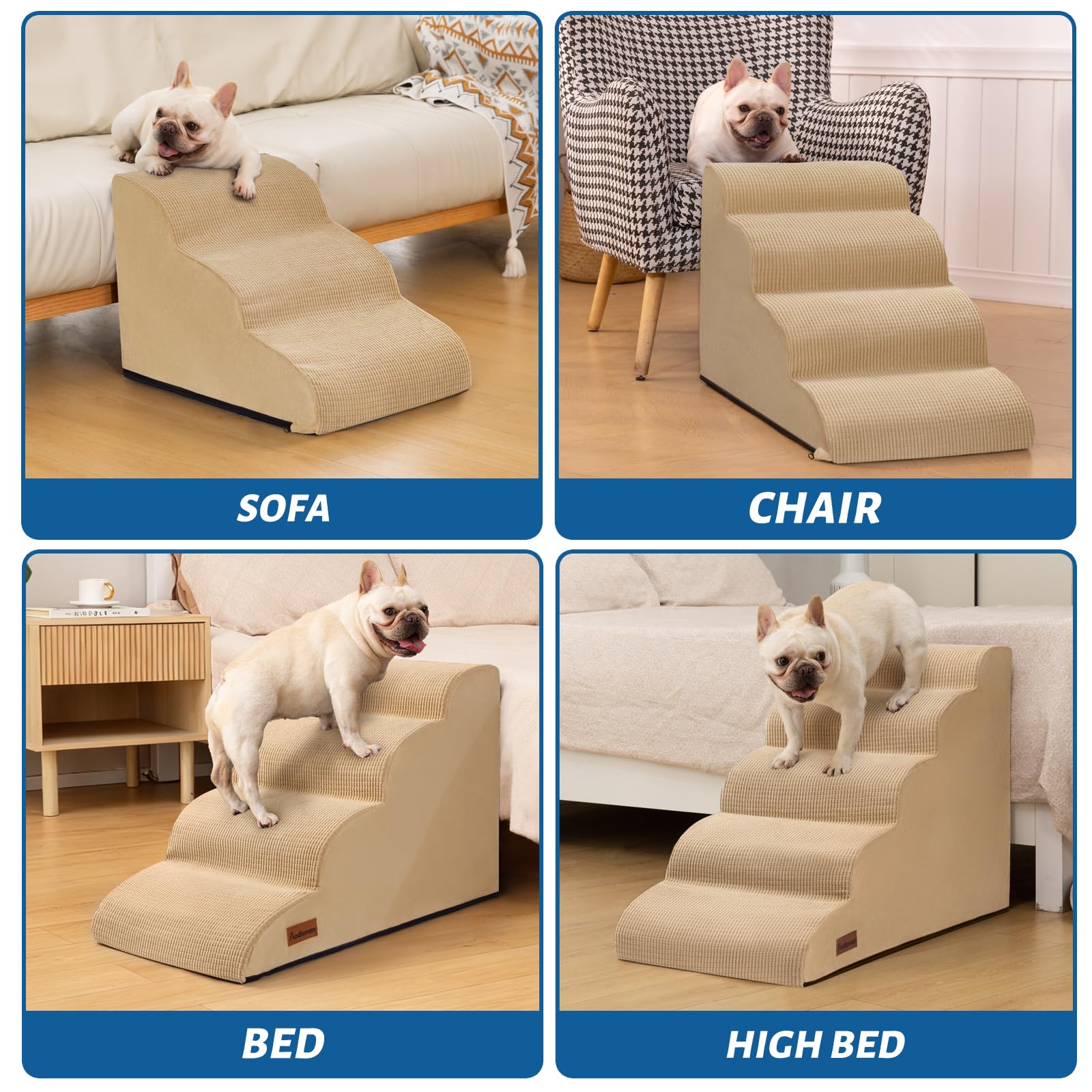 Aodisman 4-Step Dog Steps for Bed — Indoor Non-Slip Pet Stairs, 17.4 Inches, Khaki