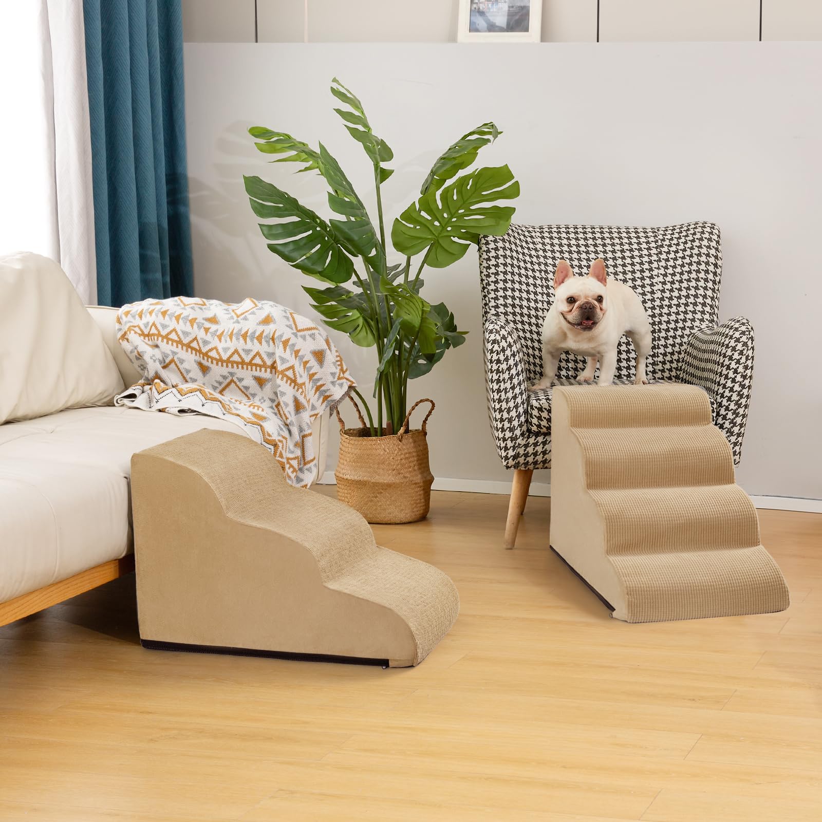 Aodisman 4-Step Dog Steps for Bed — Indoor Non-Slip Pet Stairs, 17.4 Inches, Khaki