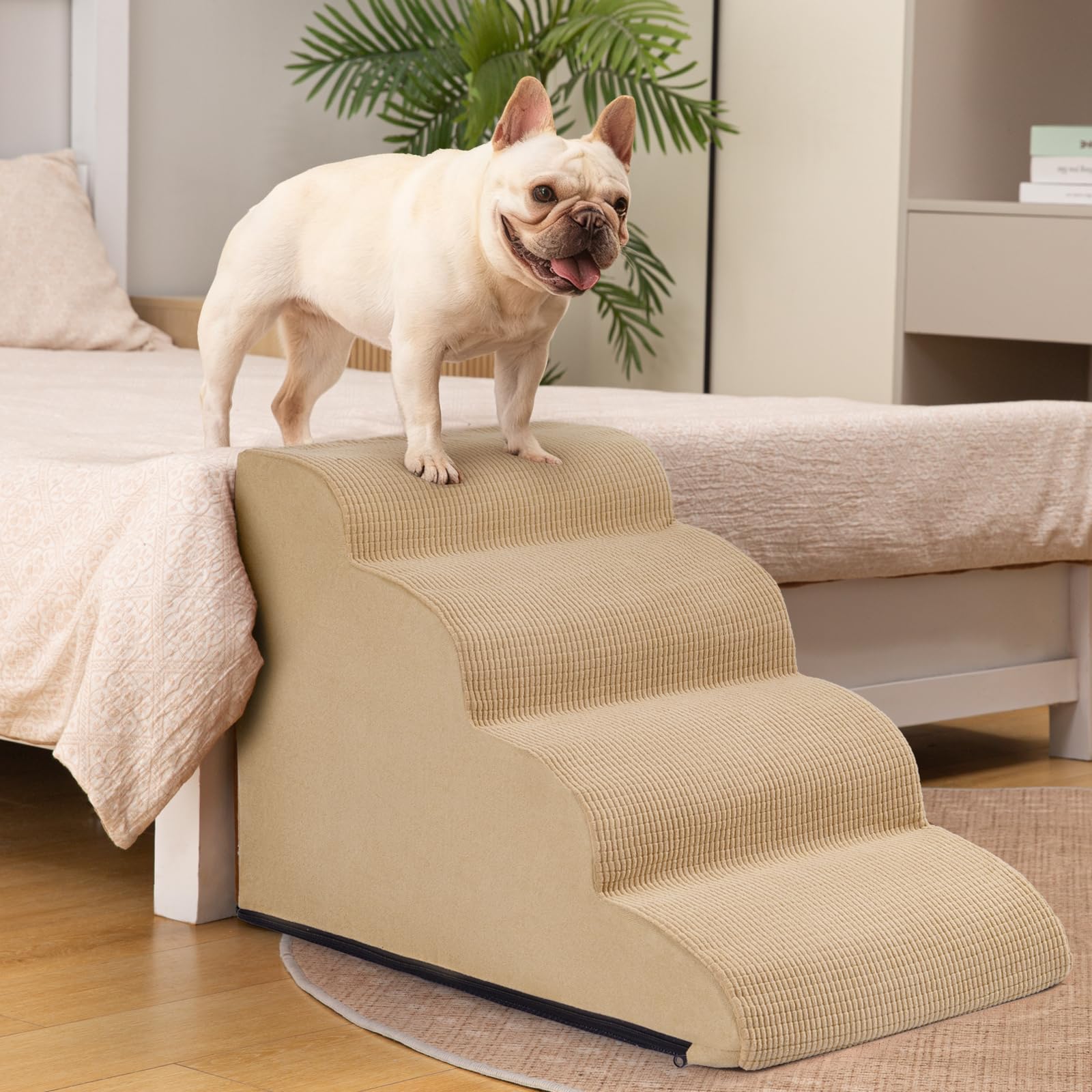 Aodisman 4-Step Dog Steps for Bed — Indoor Non-Slip Pet Stairs, 17.4 Inches, Khaki