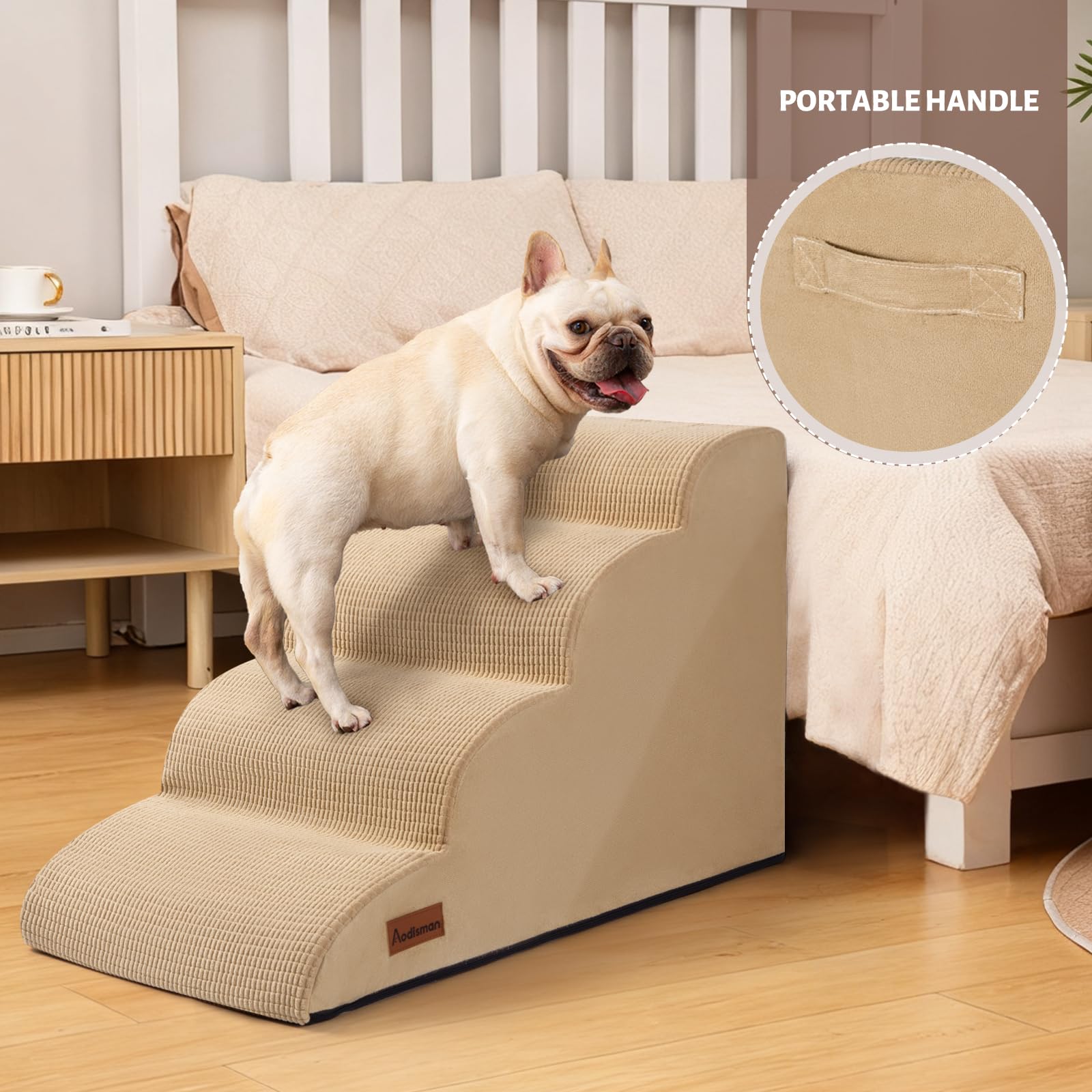 Aodisman 4-Step Dog Steps for Bed — Indoor Non-Slip Pet Stairs, 17.4 Inches, Khaki