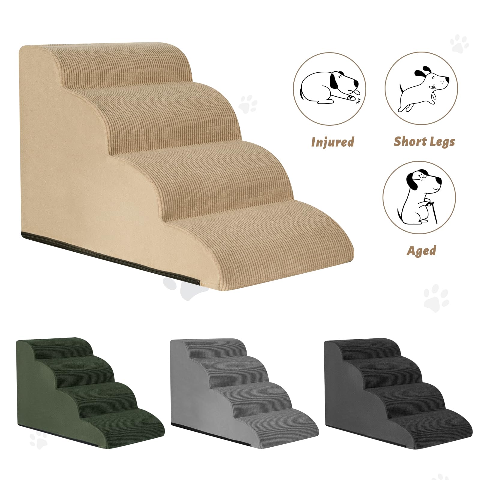 Aodisman 4-Step Dog Steps for Bed — Indoor Non-Slip Pet Stairs, 17.4 Inches, Khaki