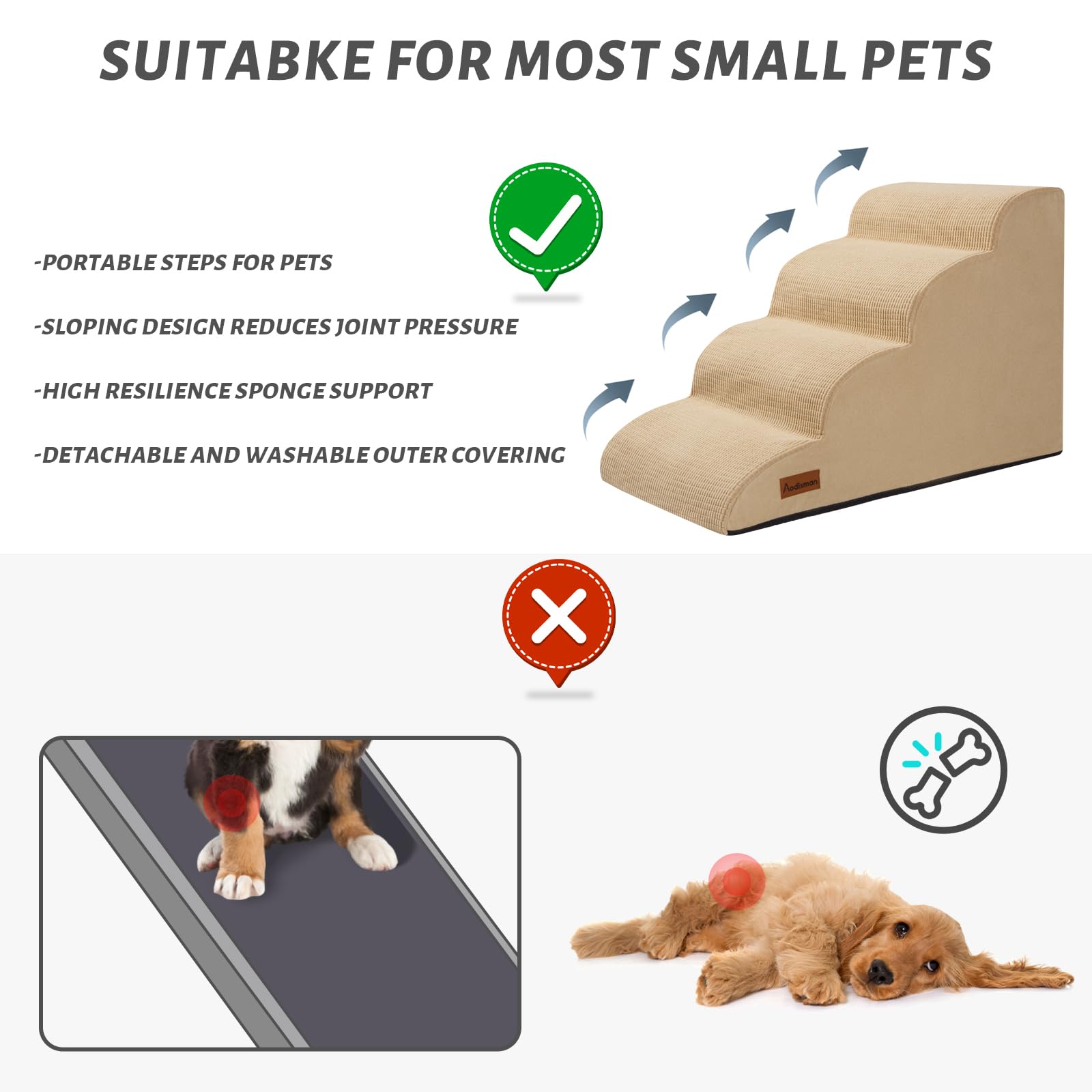 Aodisman 4-Step Dog Steps for Bed — Indoor Non-Slip Pet Stairs, 17.4 Inches, Khaki