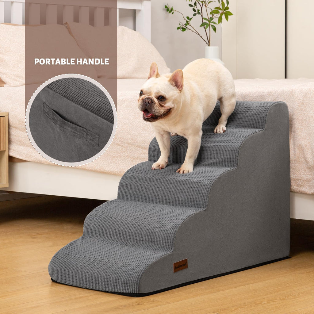 Aodisman 5-Step Dog Stairs & Ramp for High Beds | Non-Slip, Grey