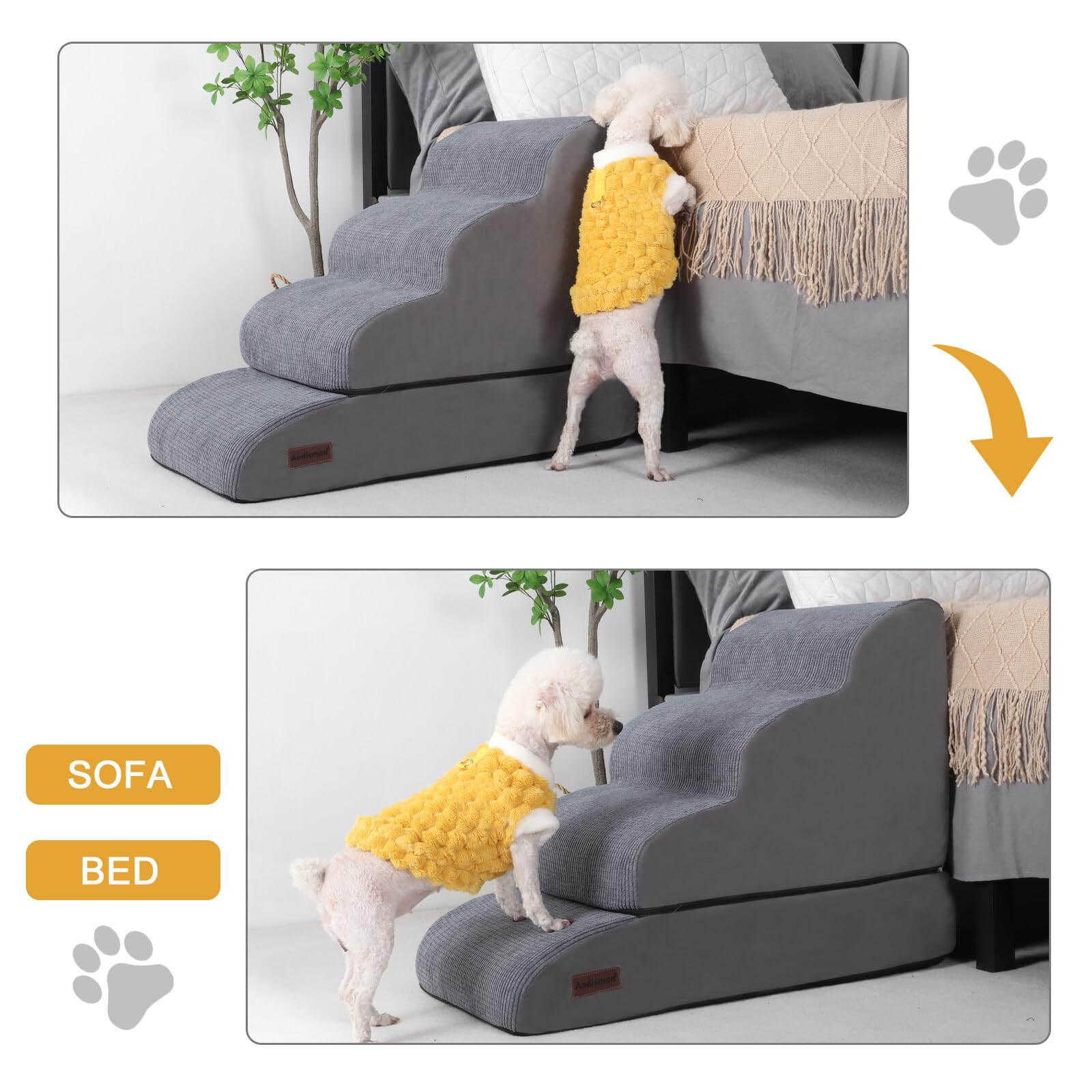 Aodisman 4-Step Dog Stairs & Ramp for Beds or Couches – 21" Grey Non-Slip Pet Steps