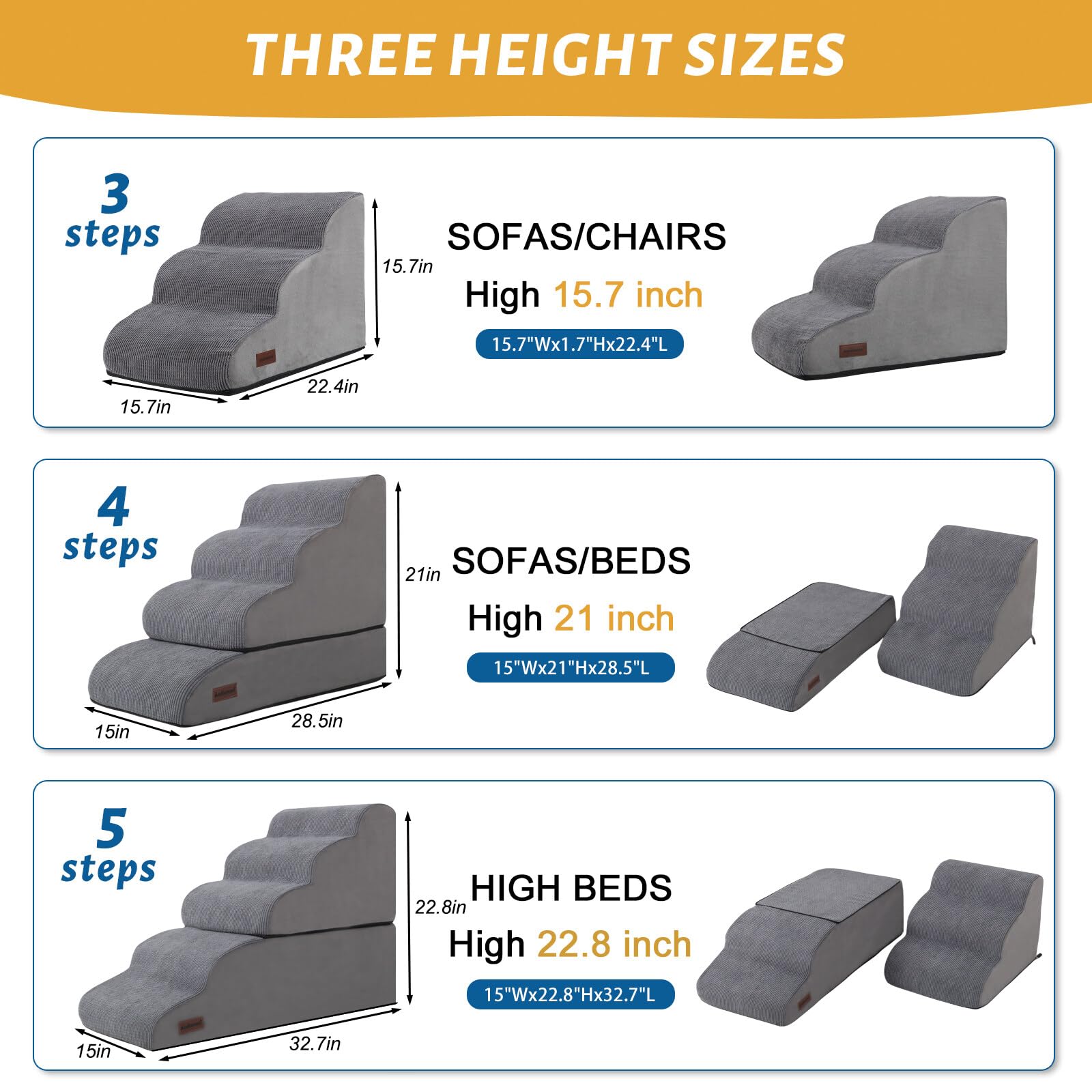 Aodisman 4-Step Dog Stairs & Ramp for Beds or Couches – 21" Grey Non-Slip Pet Steps