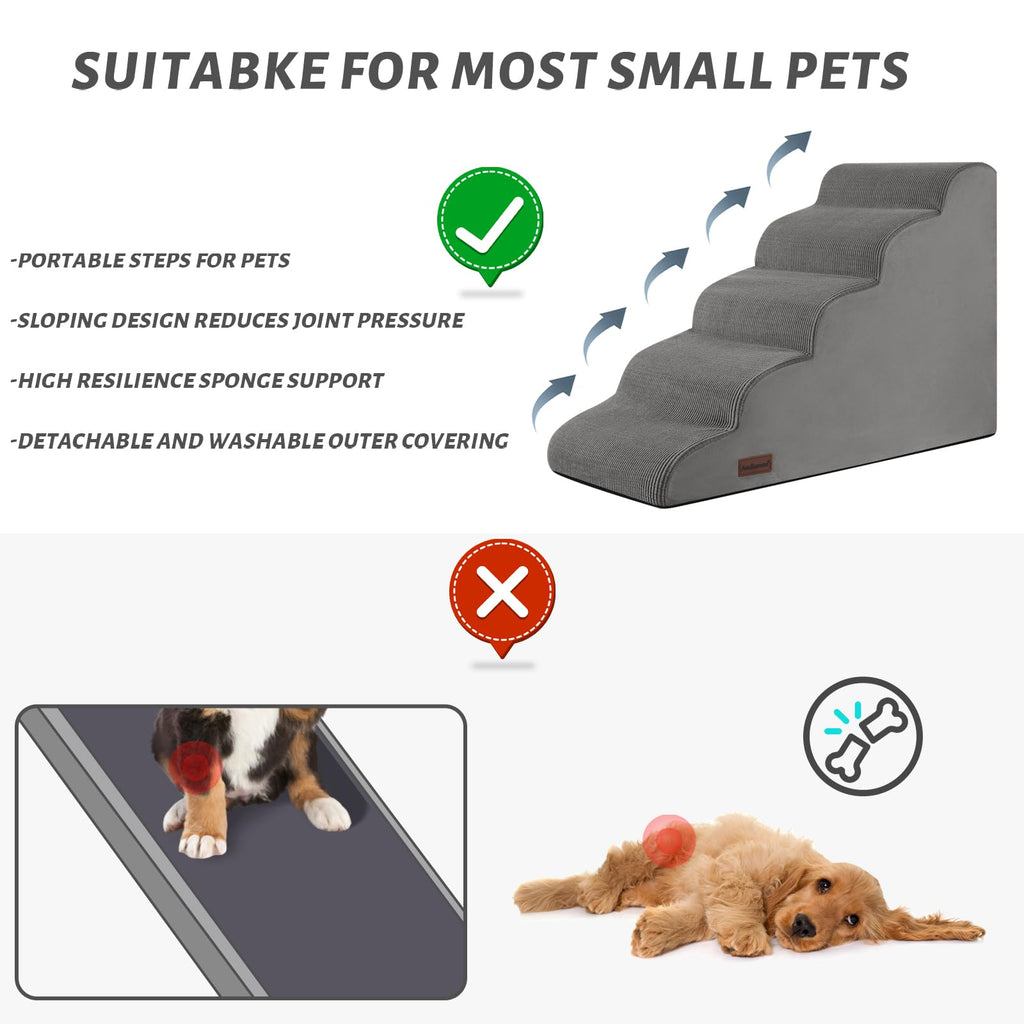 Aodisman 5-Step Dog Stairs & Ramp for High Beds | Non-Slip, Grey