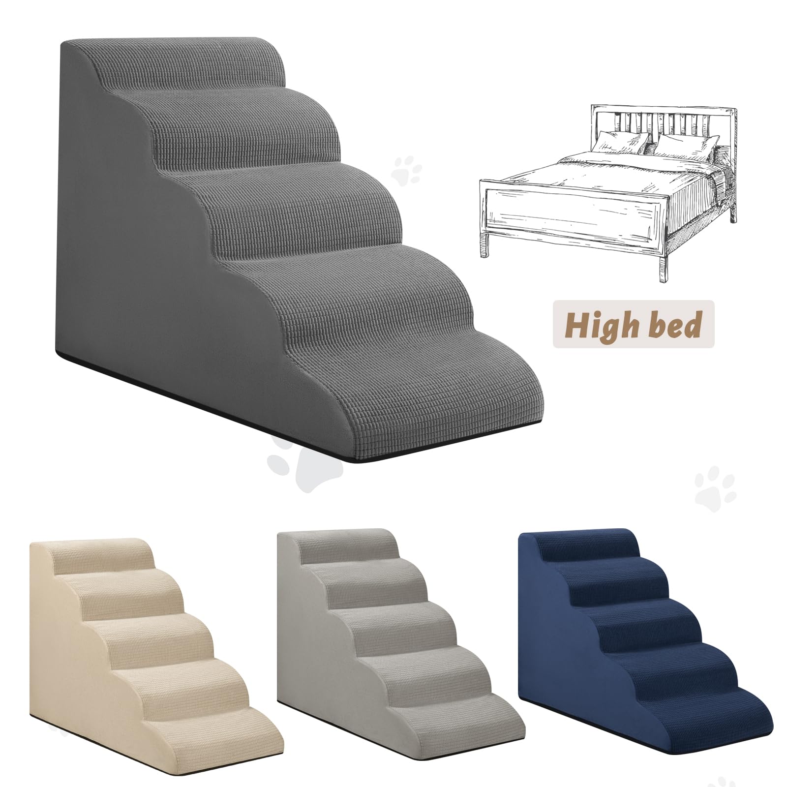 Aodisman 5-Step Dog Stairs & Ramp for High Beds | Non-Slip, Grey