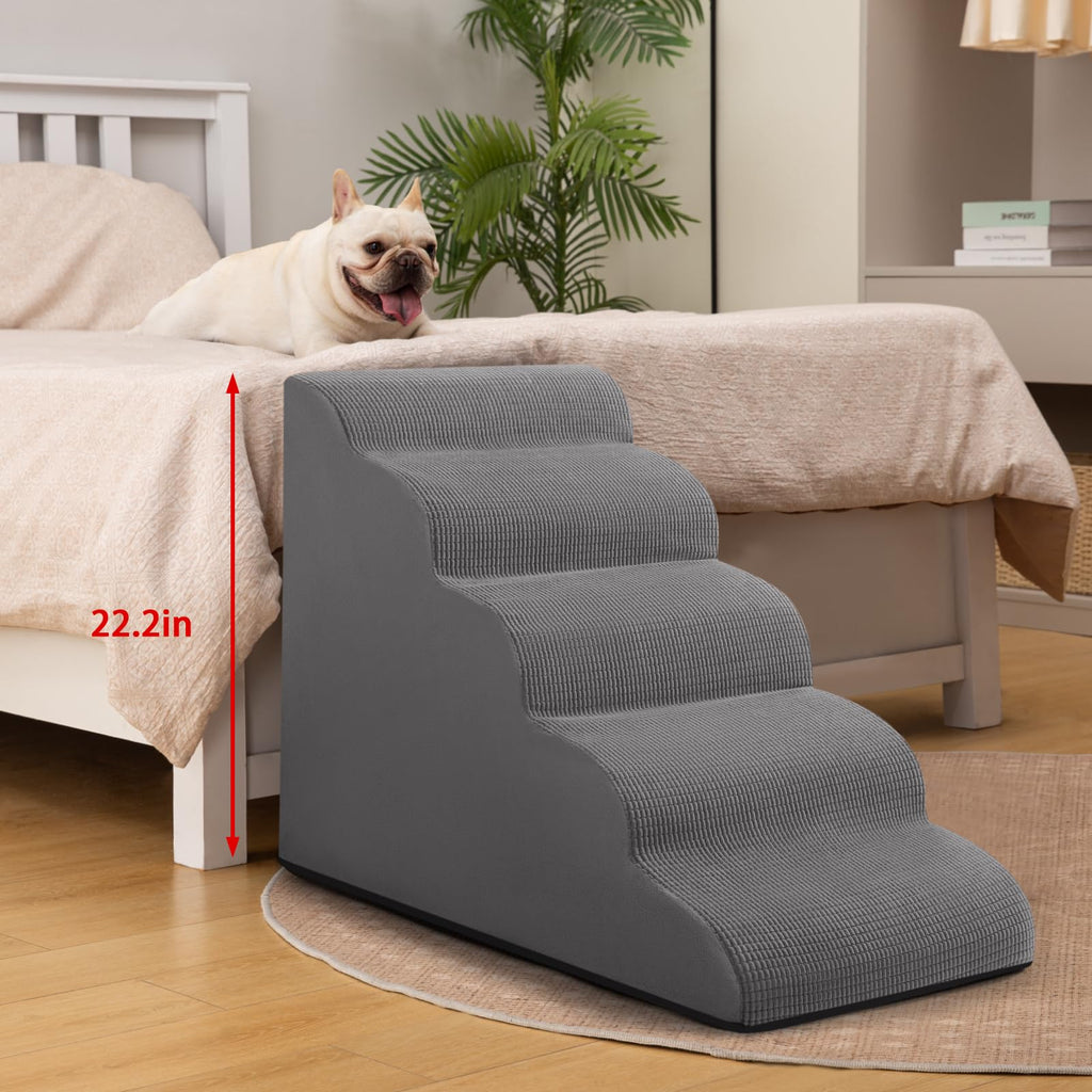 Aodisman 5-Step Dog Stairs & Ramp for High Beds | Non-Slip, Grey