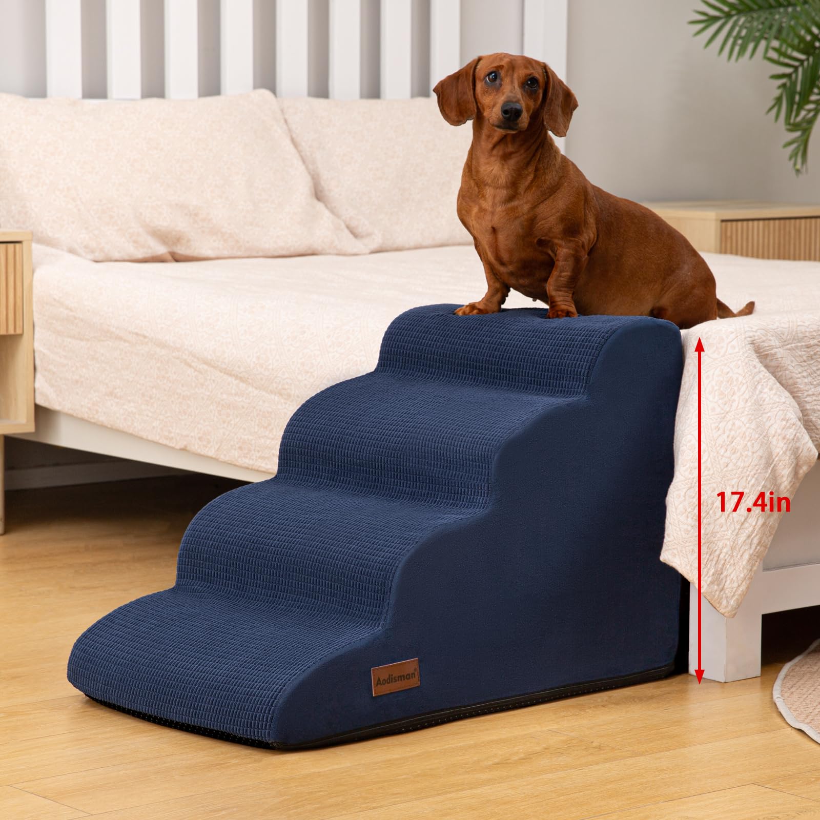 Aodisman 4-Step Dog Stairs and Ramp for Beds or Couches – Non-Slip, 17.4 in Blue