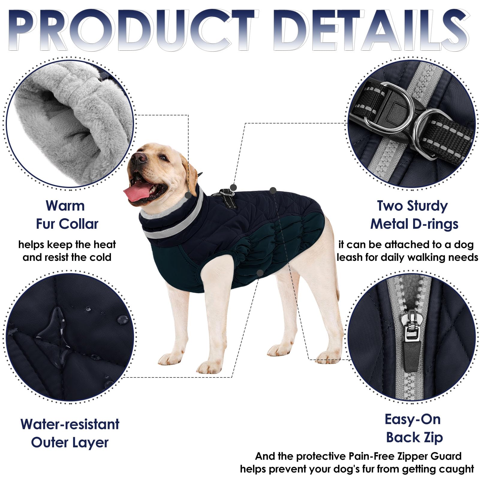 AOFITEE Dog Coat - Warm Winter Jacket with Built-in Harness | Waterproof Fleece Vest for Small to Large Dogs - Navy