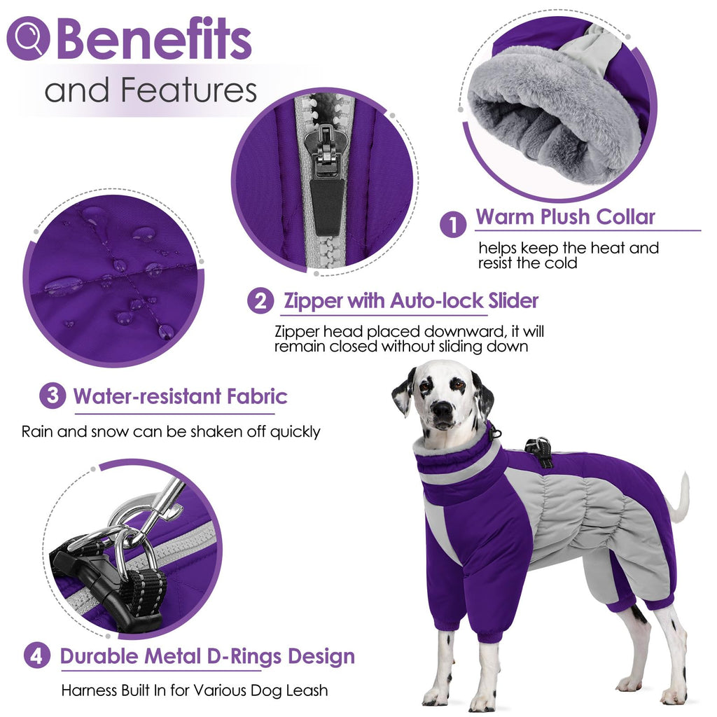 AOFITEE Large Dog Coat with Built-in Harness | Reflective Puffer Snowsuit
