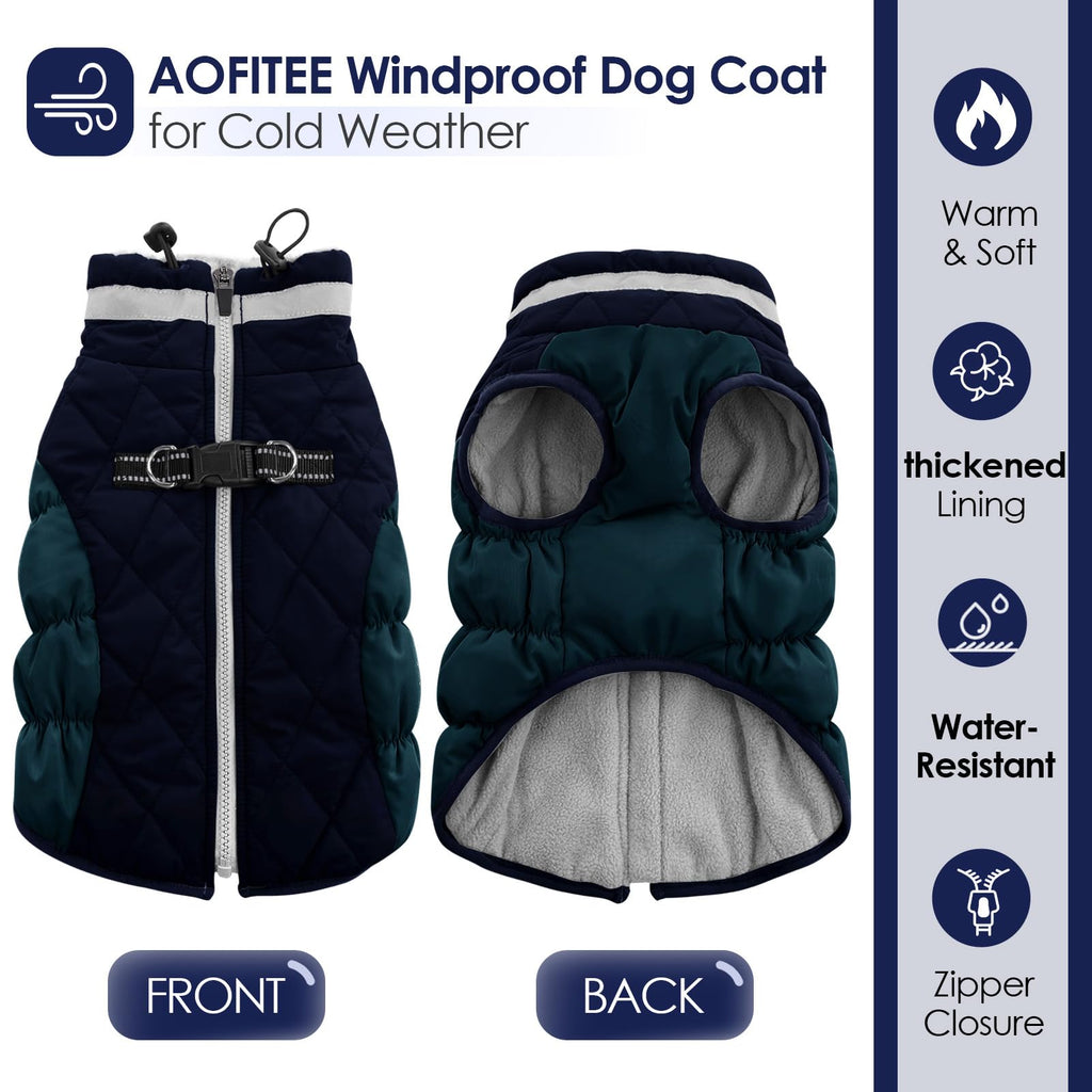 AOFITEE Dog Coat - Warm Winter Jacket with Built-in Harness | Waterproof Fleece Vest for Small to Large Dogs - Navy