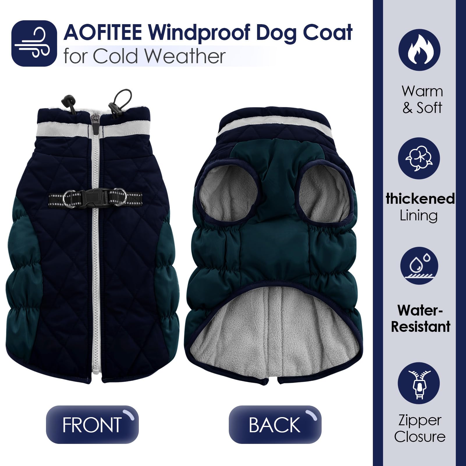 AOFITEE Dog Coat - Warm Winter Jacket with Built-in Harness | Waterproof Fleece Vest for Small to Large Dogs - Navy