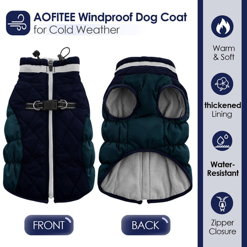 AOFITEE Dog Coat - Warm Winter Jacket with Built-in Harness | Waterproof Fleece Vest for Small to Large Dogs - Navy
