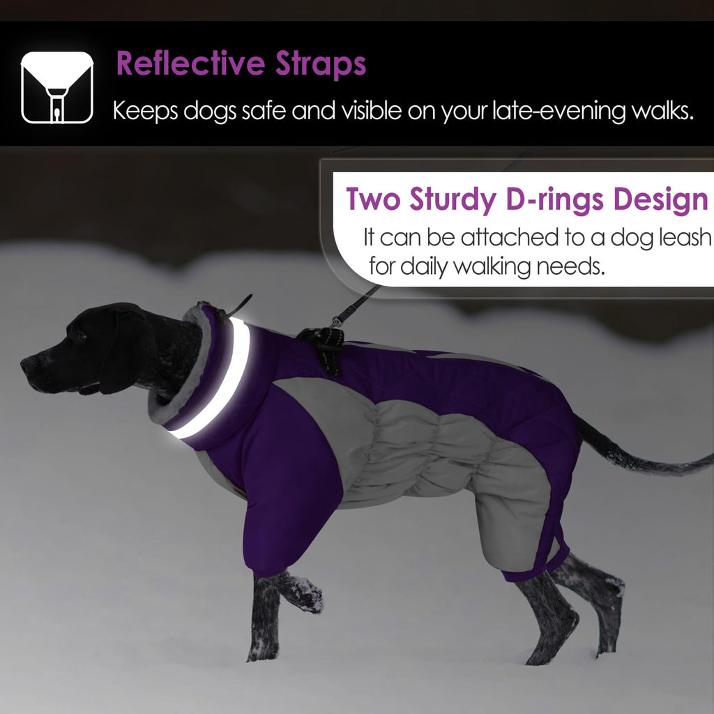 AOFITEE Large Dog Coat with Built-in Harness | Reflective Puffer Snowsuit