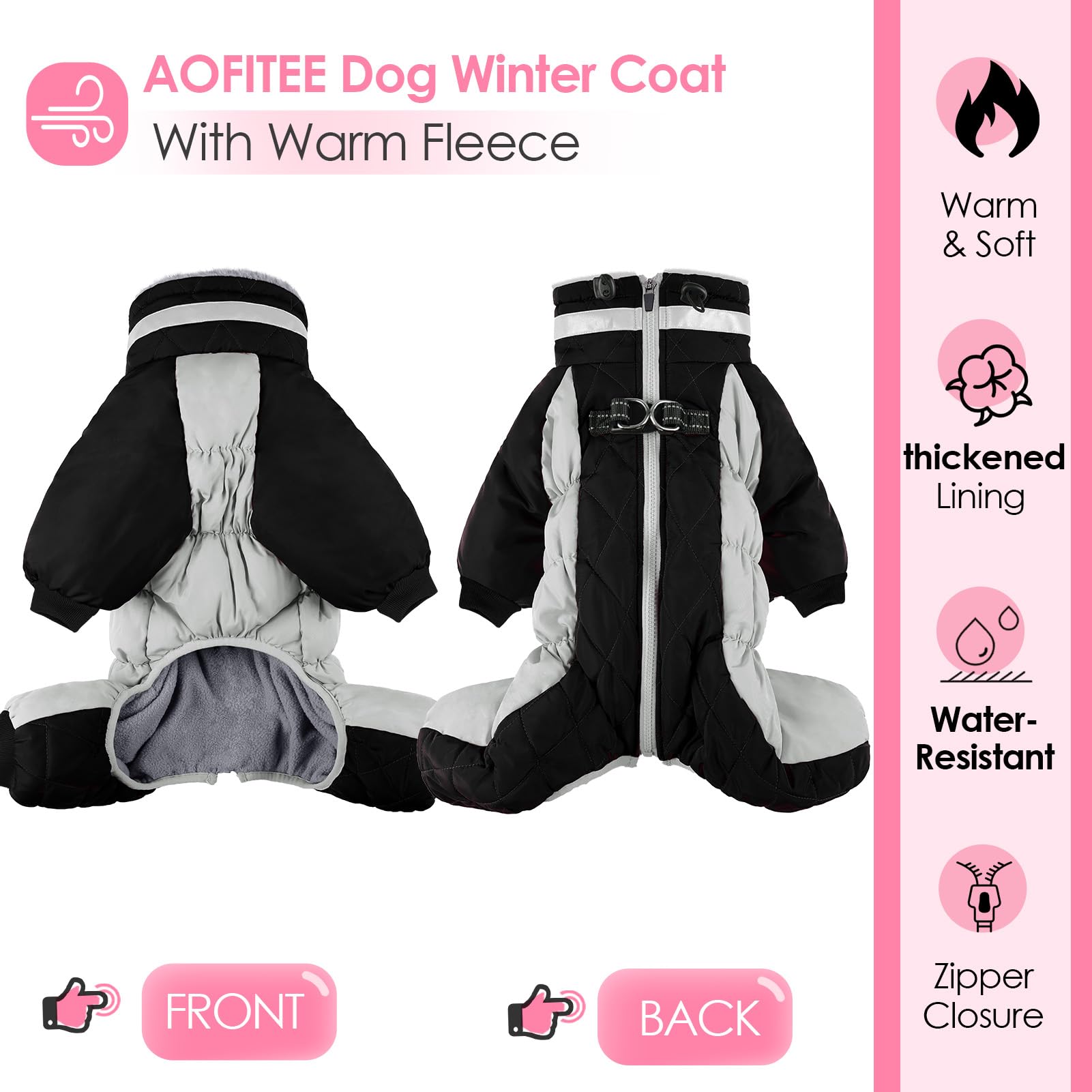 AOFITEE Large Dog Coat Winter Jacket with Built-in Harness | Reflective Puffer Snowsuit for Small to Large Dogs