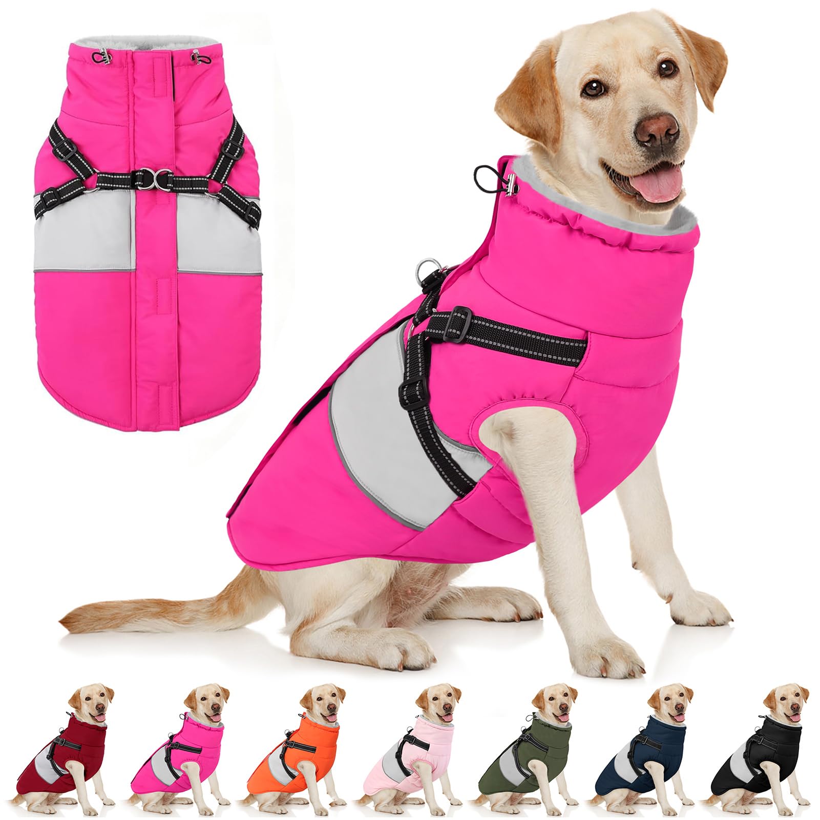AOFITEE Dog Winter Coat with Built-In Harness | Reflective Waterproof Puffer for Large Dogs (XL)