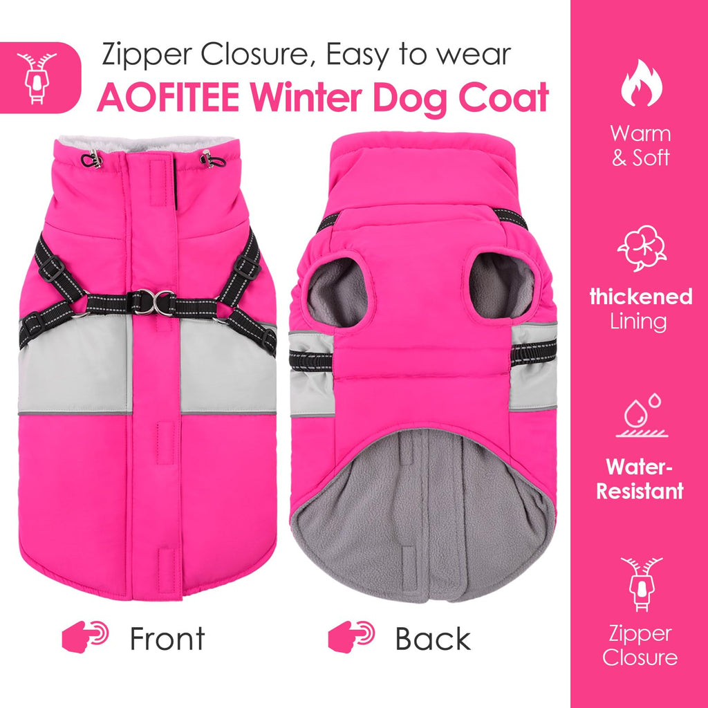 AOFITEE Dog Winter Coat with Built-In Harness | Reflective Waterproof Puffer for Large Dogs (XL)