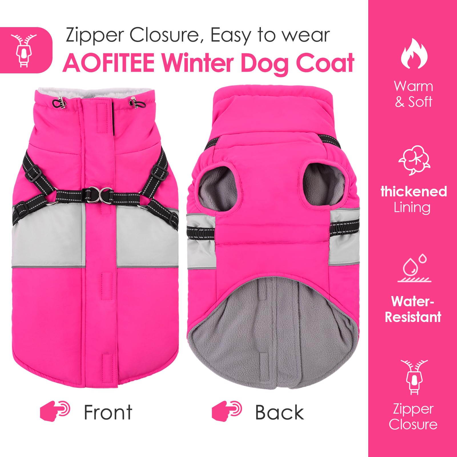 AOFITEE Dog Winter Coat with Built-In Harness | Reflective Waterproof Puffer for Large Dogs (XL)