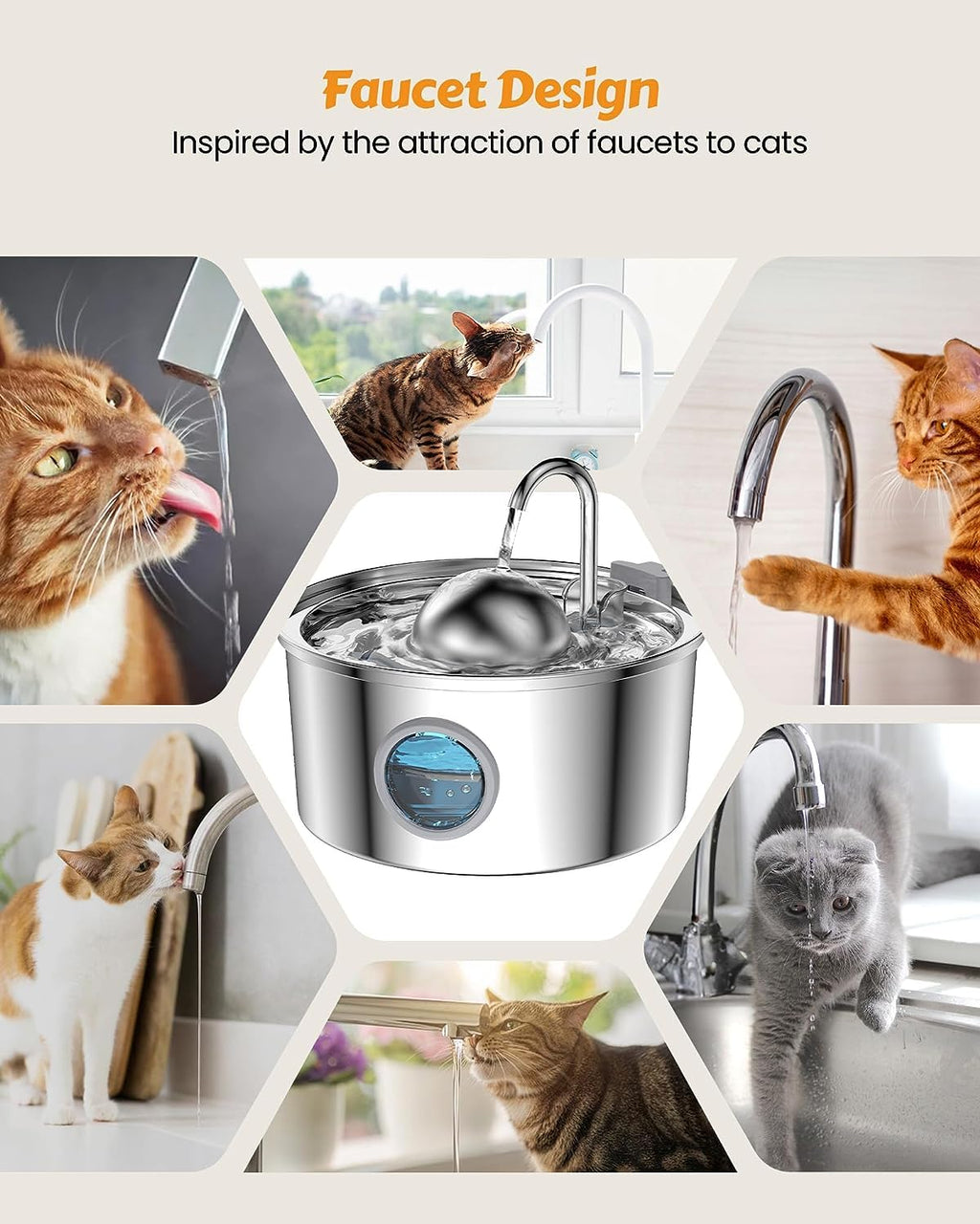 AONBOY Cat Water Fountain with Water Level Window — 108oz/3.2L, Stainless Steel, 6 Filters + 3 Sponge Filters