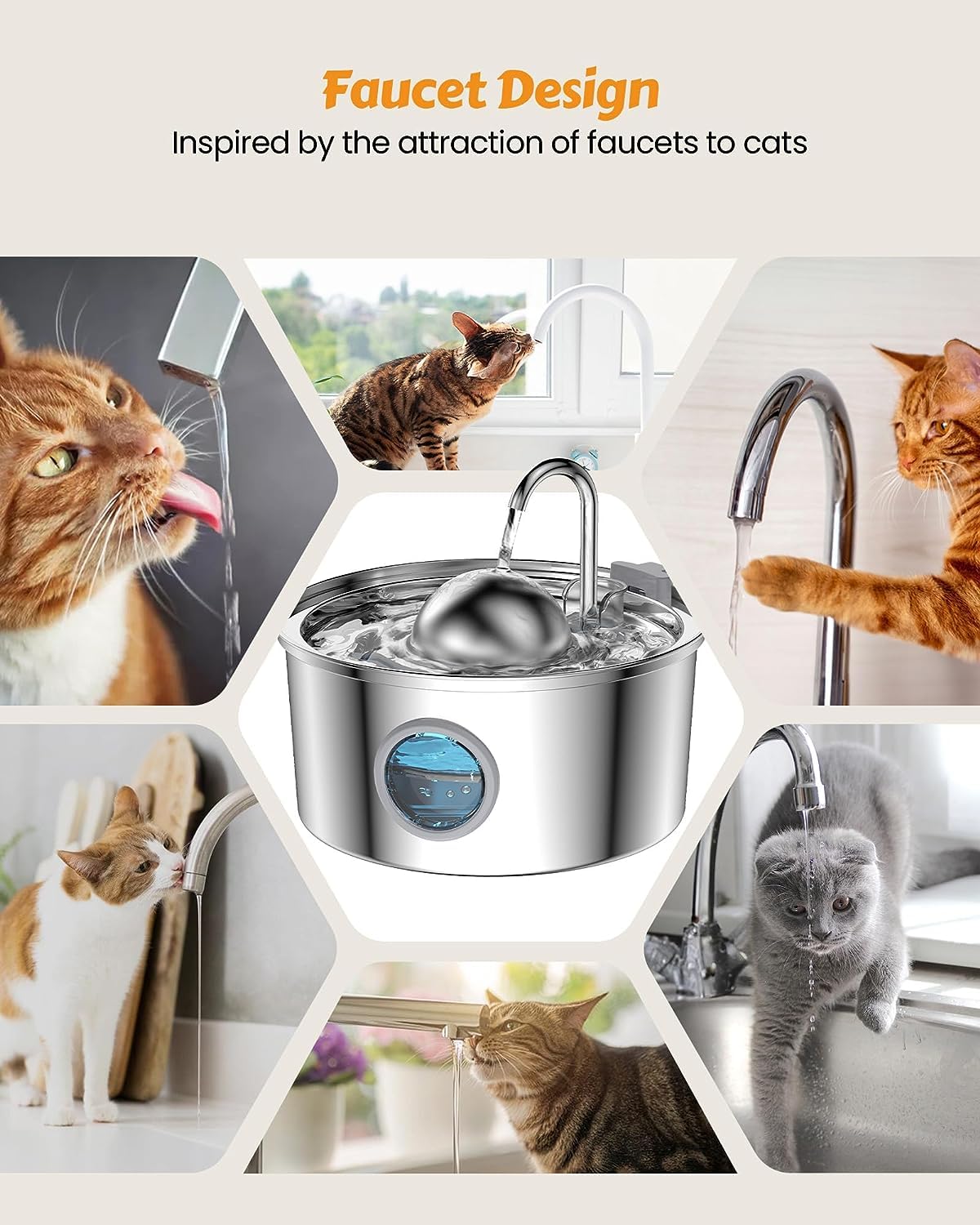 AONBOY Cat Water Fountain with Water Level Window — 108oz/3.2L, Stainless Steel, 6 Filters + 3 Sponge Filters