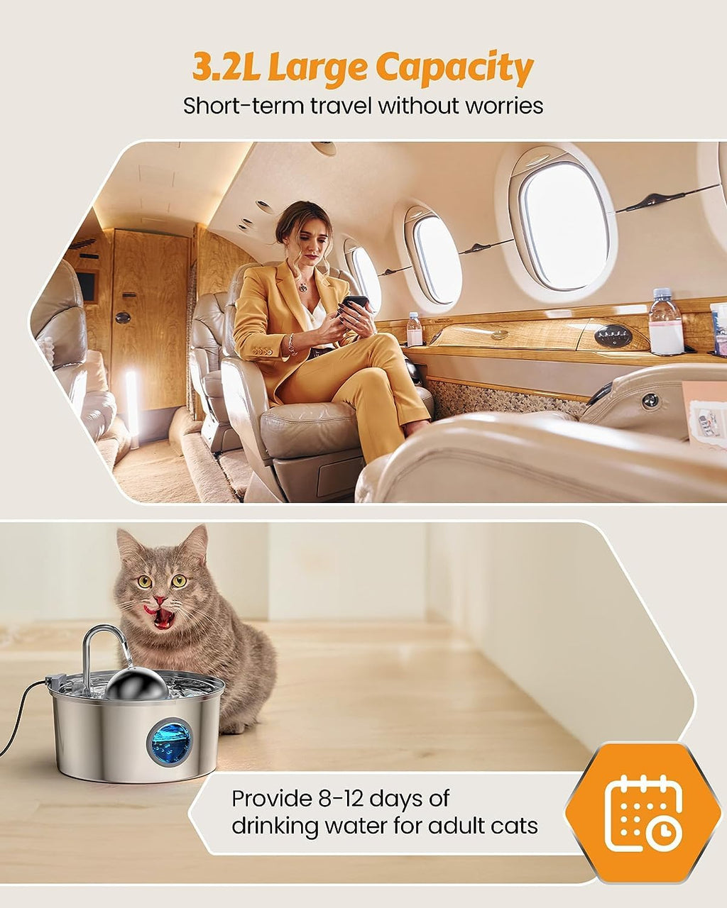 AONBOY Cat Water Fountain with Water Level Window — 108oz/3.2L, Stainless Steel, 6 Filters + 3 Sponge Filters
