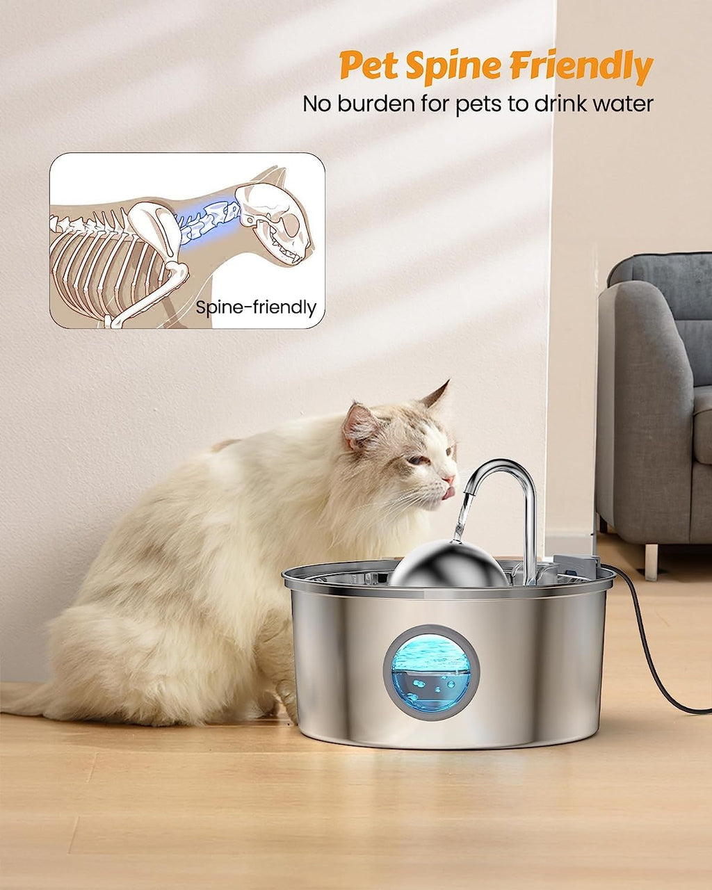 AONBOY Cat Water Fountain with Water Level Window — 108oz/3.2L, Stainless Steel, 6 Filters + 3 Sponge Filters