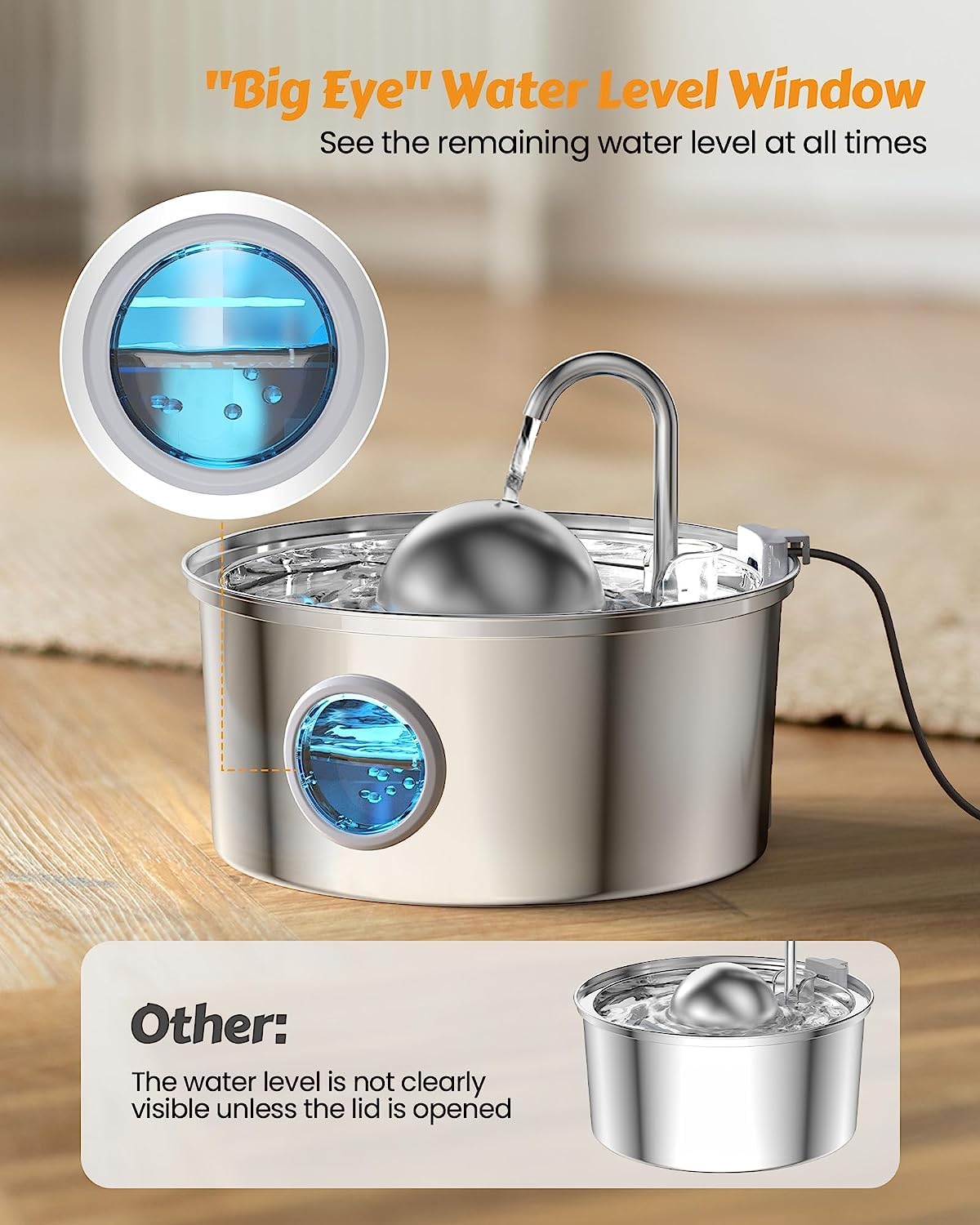 AONBOY Cat Water Fountain with Water Level Window — 108oz/3.2L, Stainless Steel, 6 Filters + 3 Sponge Filters