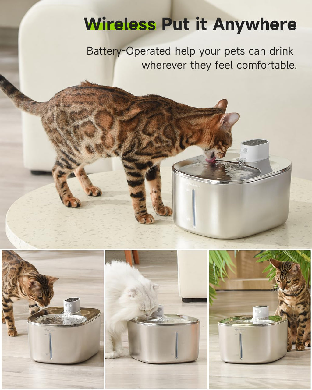 APD APETDOLA Cat Water Fountain – Stainless Steel, 152oz/4L Wireless Battery-Operated, Quiet 20dB, 3 Modes, 5-Filter System