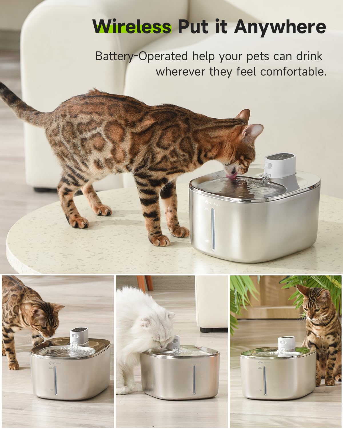 APD APETDOLA Cat Water Fountain – Stainless Steel, 152oz/4L Wireless Battery-Operated, Quiet 20dB, 3 Modes, 5-Filter System