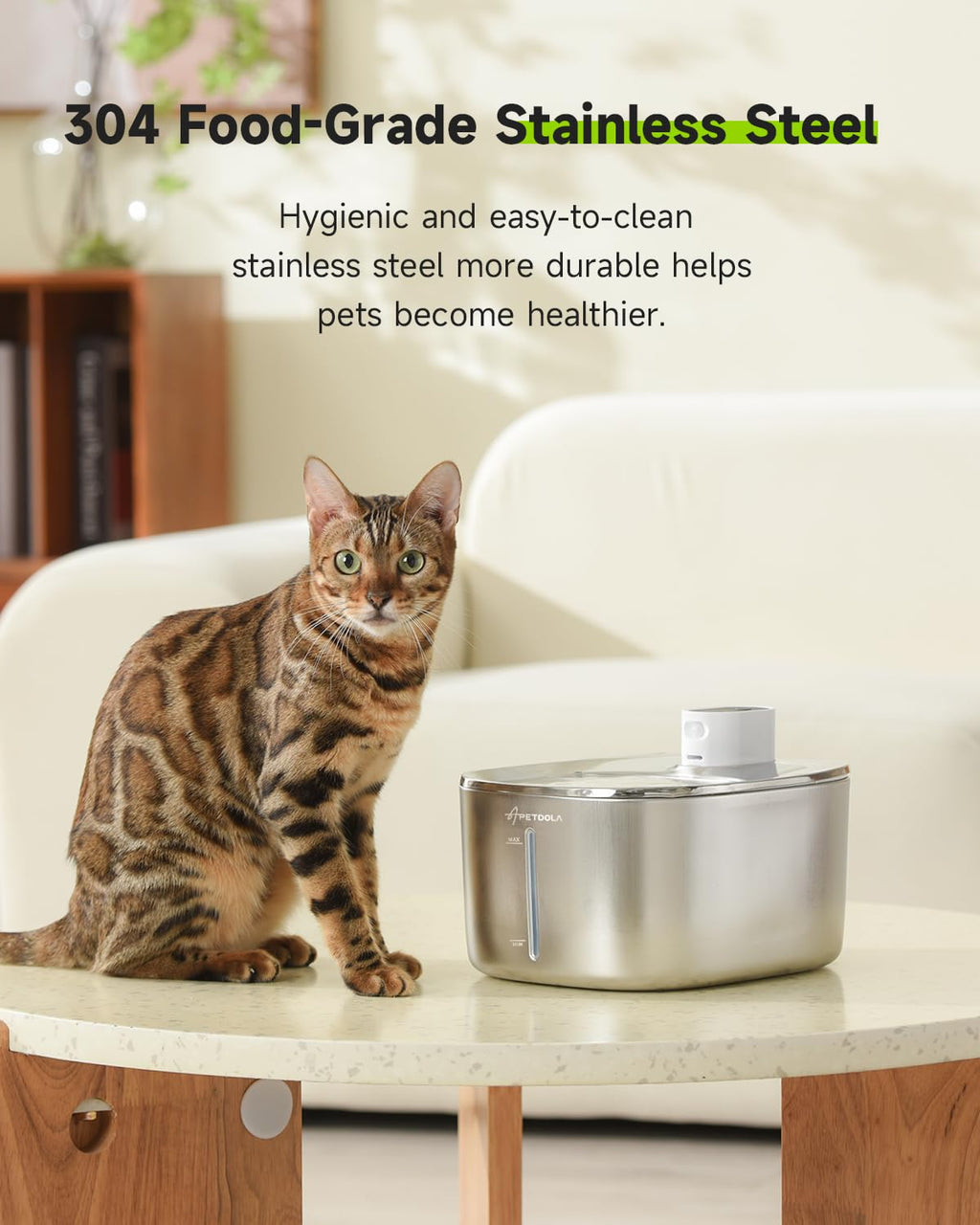 APD APETDOLA Cat Water Fountain – Stainless Steel, 152oz/4L Wireless Battery-Operated, Quiet 20dB, 3 Modes, 5-Filter System