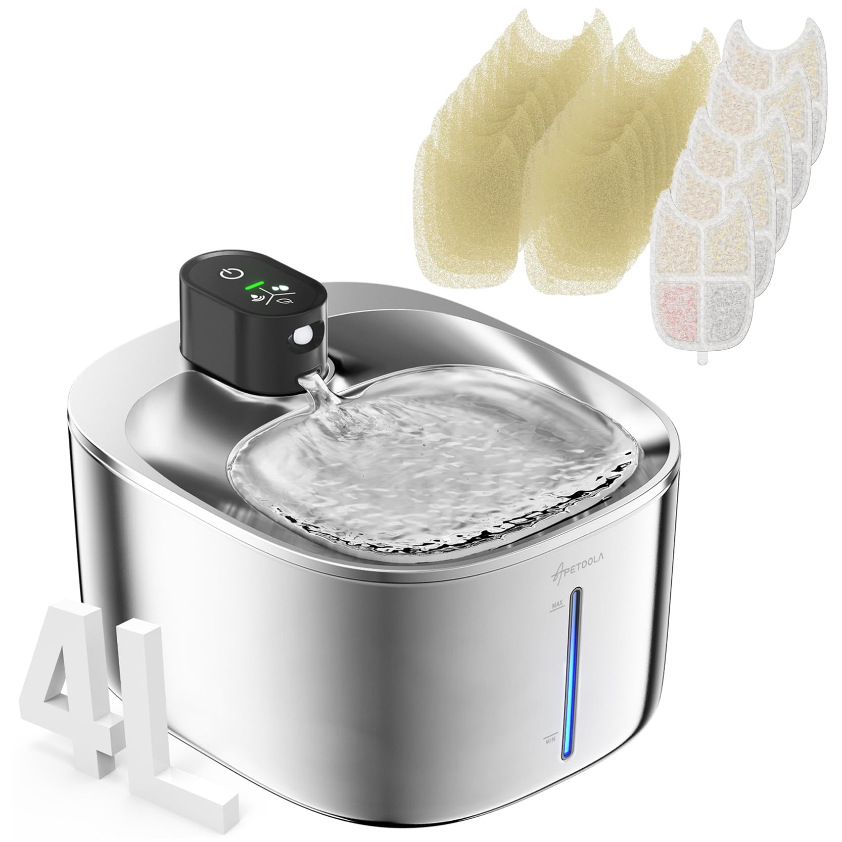 APD APETDOLA Cat Water Fountain – Stainless Steel, 152oz/4L Wireless Battery-Operated, Quiet 20dB, 3 Modes, 5-Filter System
