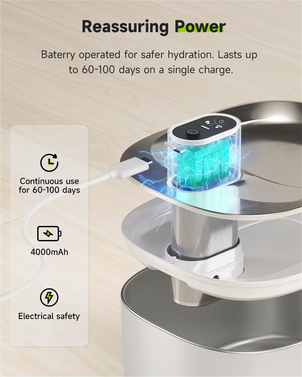 APD APETDOLA Cat Water Fountain – Stainless Steel, 152oz/4L Wireless Battery-Operated, Quiet 20dB, 3 Modes, 5-Filter System