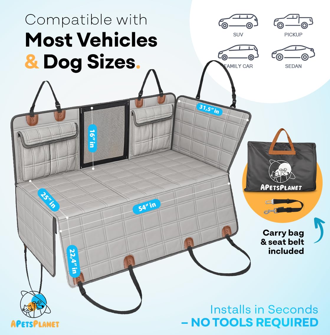 APetsPlanet Dog Car Seat Cover — Waterproof Back Seat Extender with Mesh Window & Door Covers