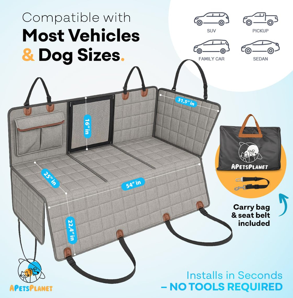 APetsPlanet Dog Car Seat Cover – Waterproof Backseat Hammock with Mesh Window, Storage & Door Covers