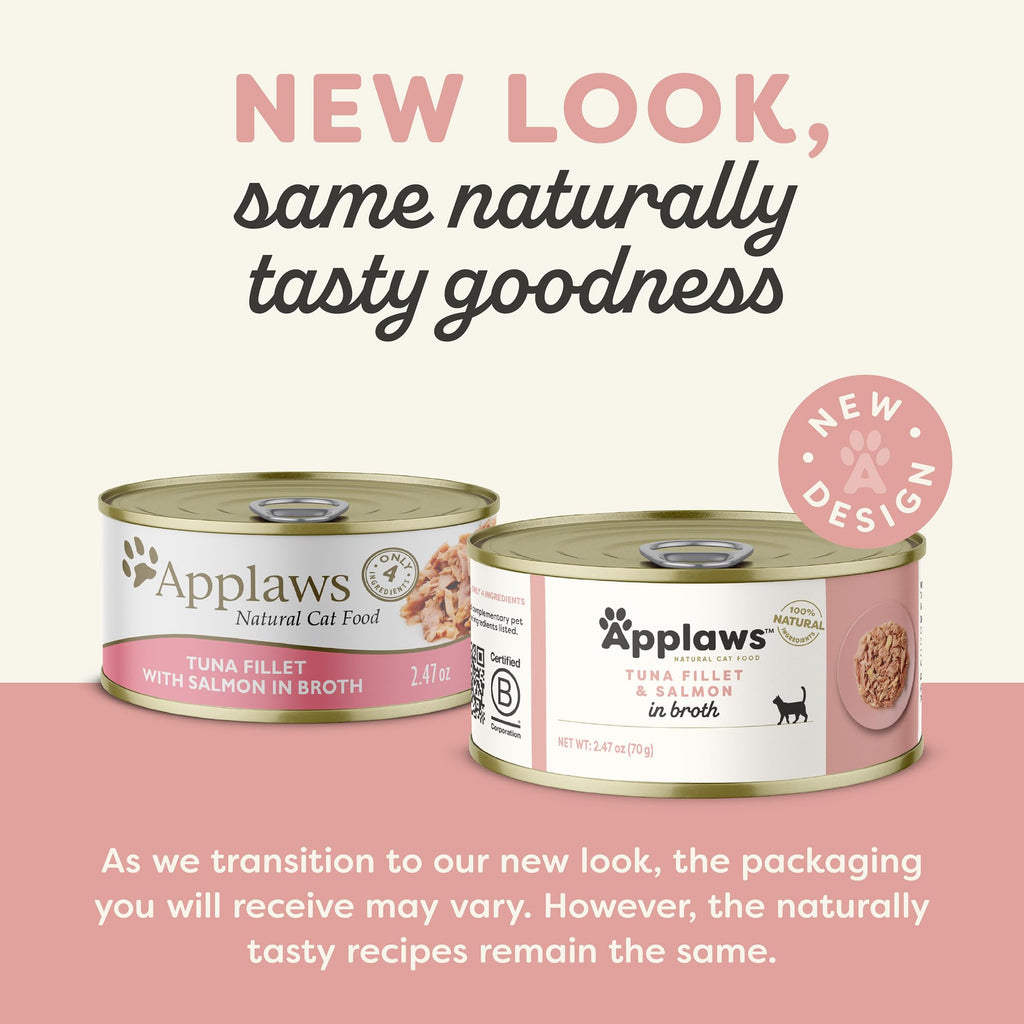 Applaws Natural Wet Cat Food in Broth — Tuna Fillet with Salmon, Limited Ingredients (24 x 2.47oz Cans)