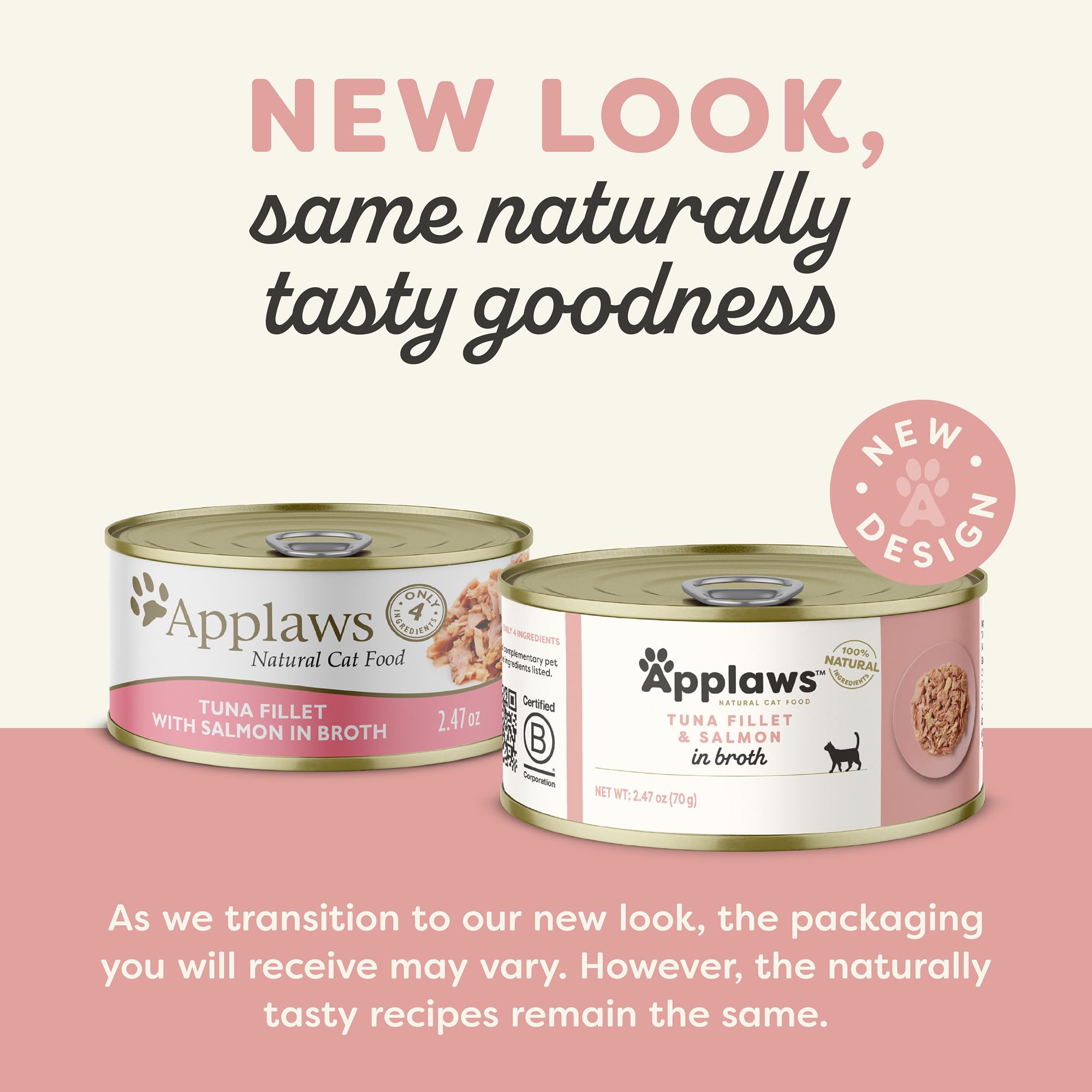 Applaws Natural Wet Cat Food in Broth — Tuna Fillet with Salmon, Limited Ingredients (24 x 2.47oz Cans)