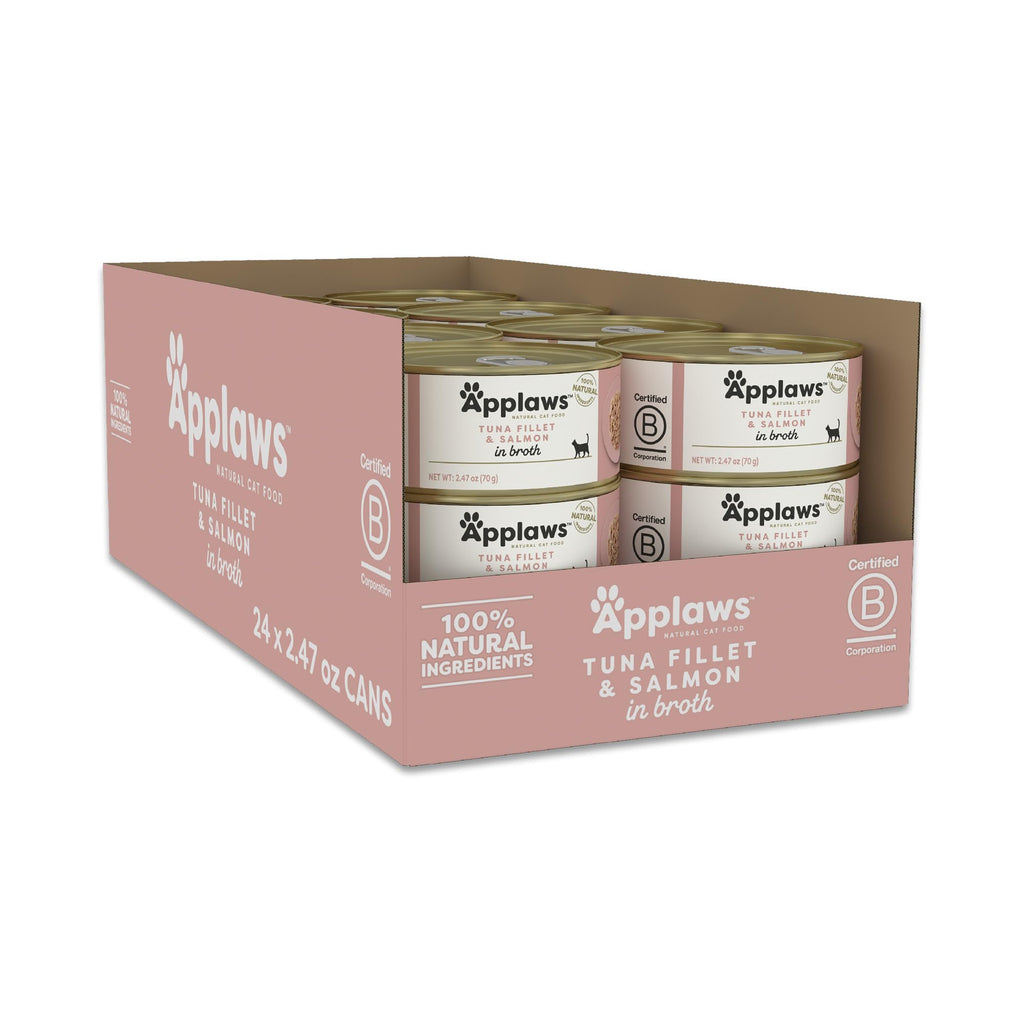 Applaws Natural Wet Cat Food in Broth — Tuna Fillet with Salmon, Limited Ingredients (24 x 2.47oz Cans)