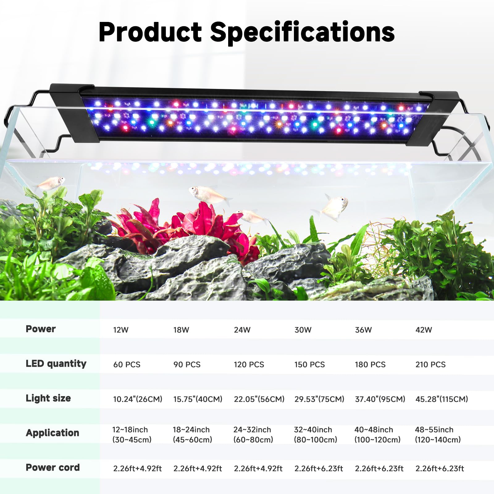 AQQA LED Aquarium Light for 24-32 Inch Tanks | 24/7 Mode & DIY Full Spectrum