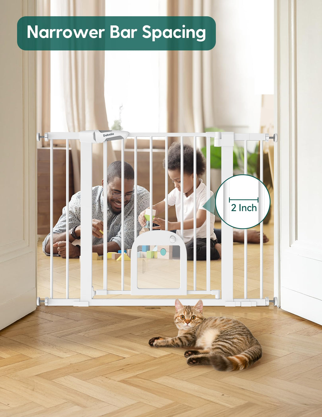 BABELIO Baby Gate with Adjustable Cat Door – 29-43in Wide, Auto-Close & Walk-Through