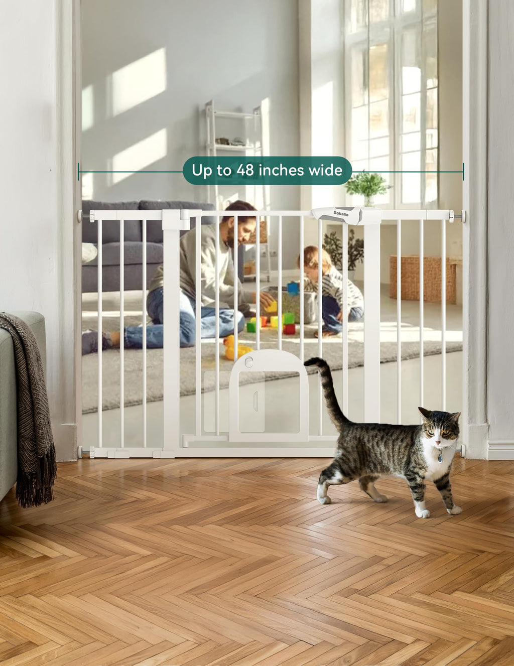 BABELIO 29-48in Extra Wide Baby Gate with Adjustable Cat Door – White