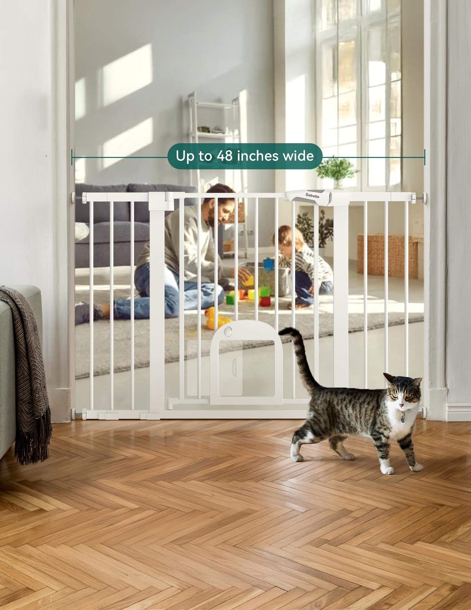 BABELIO 29-48in Extra Wide Baby Gate with Adjustable Cat Door – White